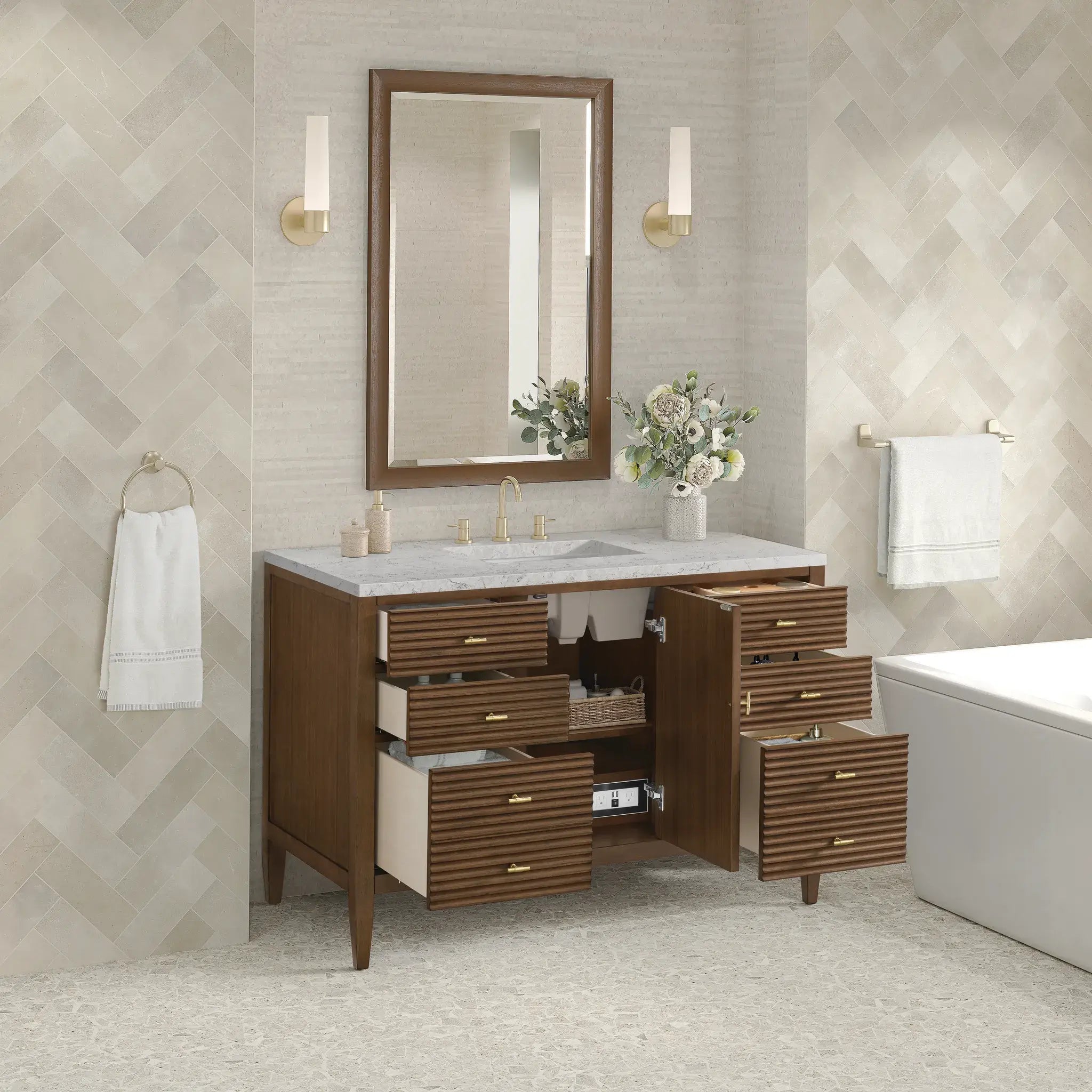 48" Myrrin Single Vanity in Mid Century Walnut-Eternal Jasmine Pearl Silestone-8" Widespread image 4