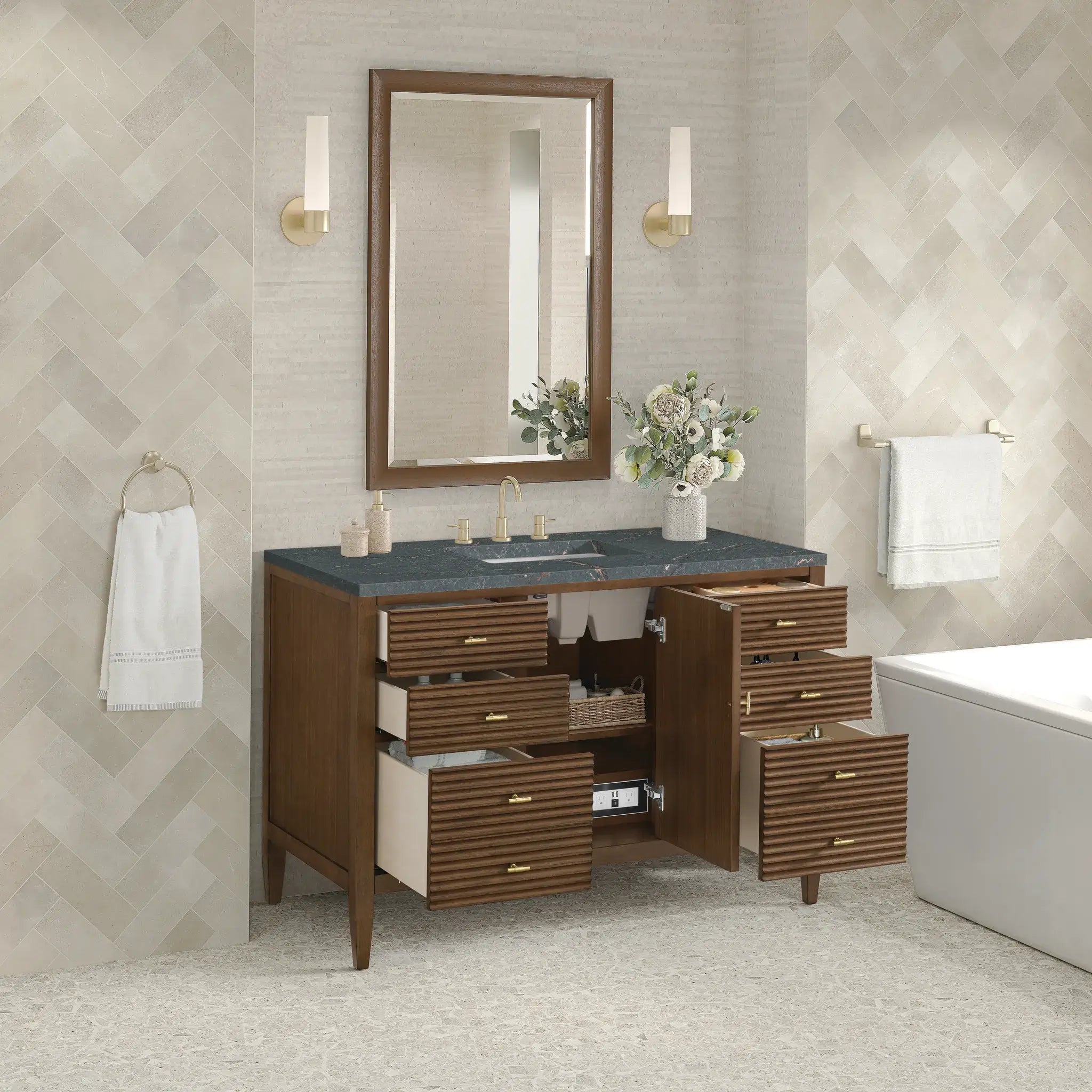48" Myrrin Single Vanity in Mid Century Walnut-Parisien Bleu Silestone-8" Widespread image 4