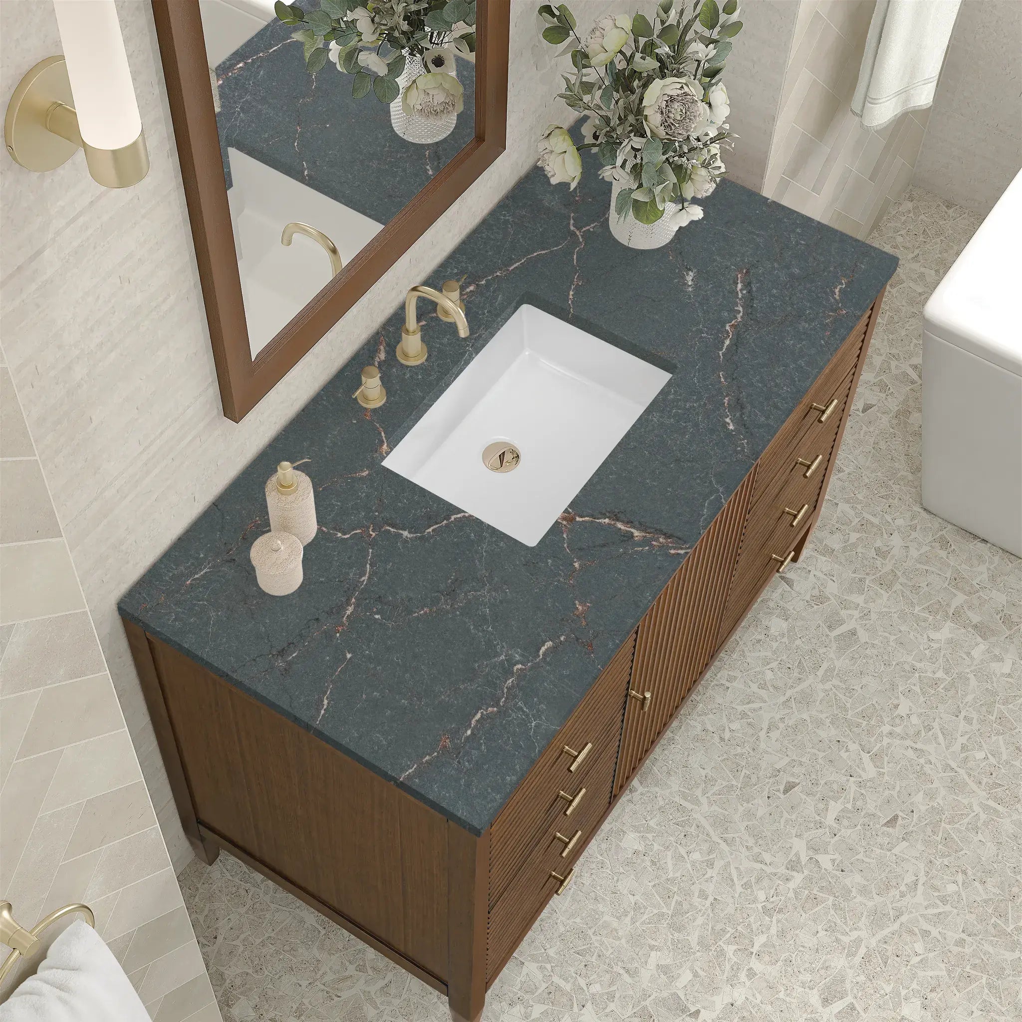 48" Myrrin Single Vanity in Mid Century Walnut-Parisien Bleu Silestone-8" Widespread image 6