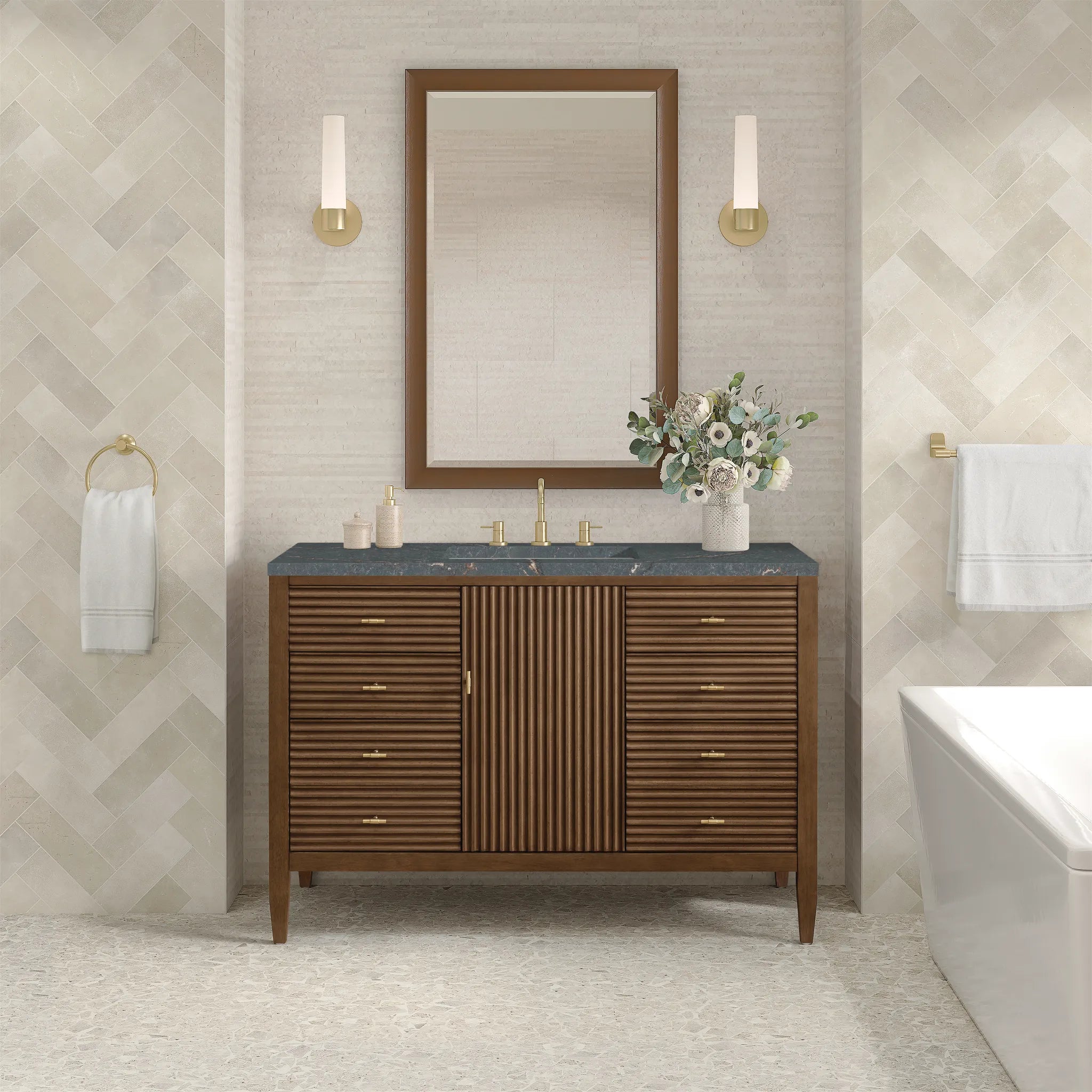 48" Myrrin Single Vanity in Mid Century Walnut w/FreePower Wireless Charger-Parisien Bleu Silestone-8" Widespread image 5