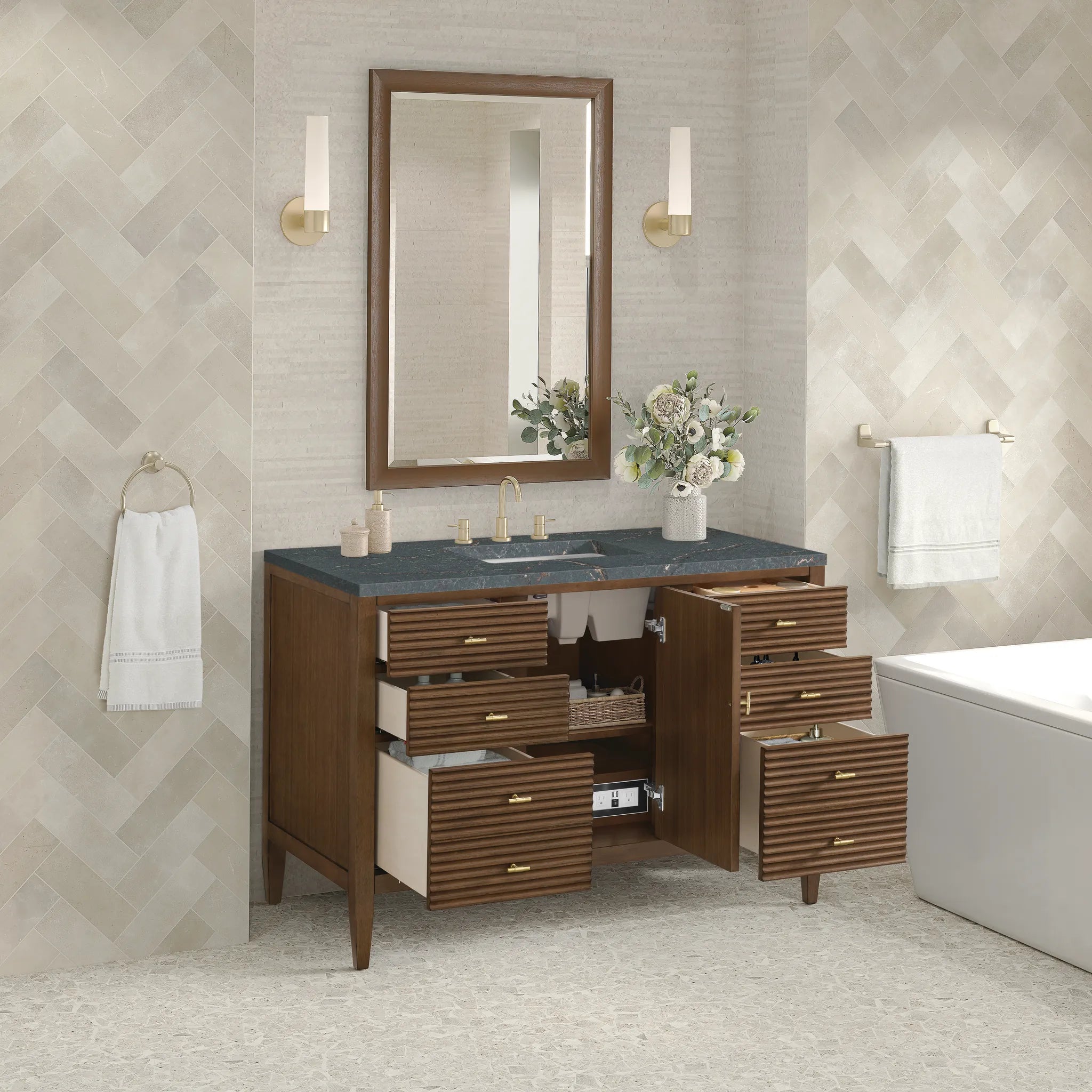 48" Myrrin Single Vanity in Mid Century Walnut w/FreePower Wireless Charger-Parisien Bleu Silestone-8" Widespread image 7