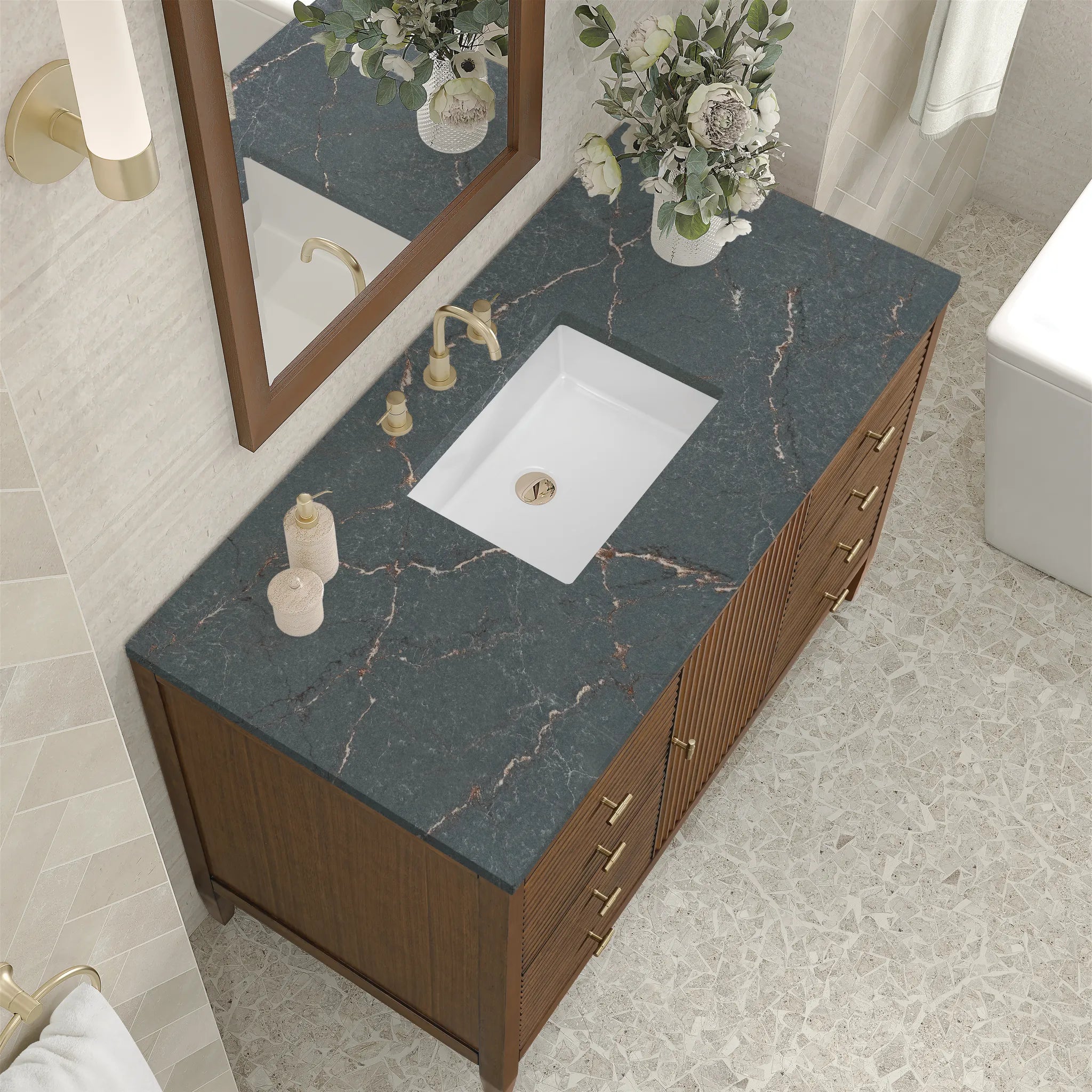 48" Myrrin Single Vanity in Mid Century Walnut w/FreePower Wireless Charger-Parisien Bleu Silestone-8" Widespread image 9