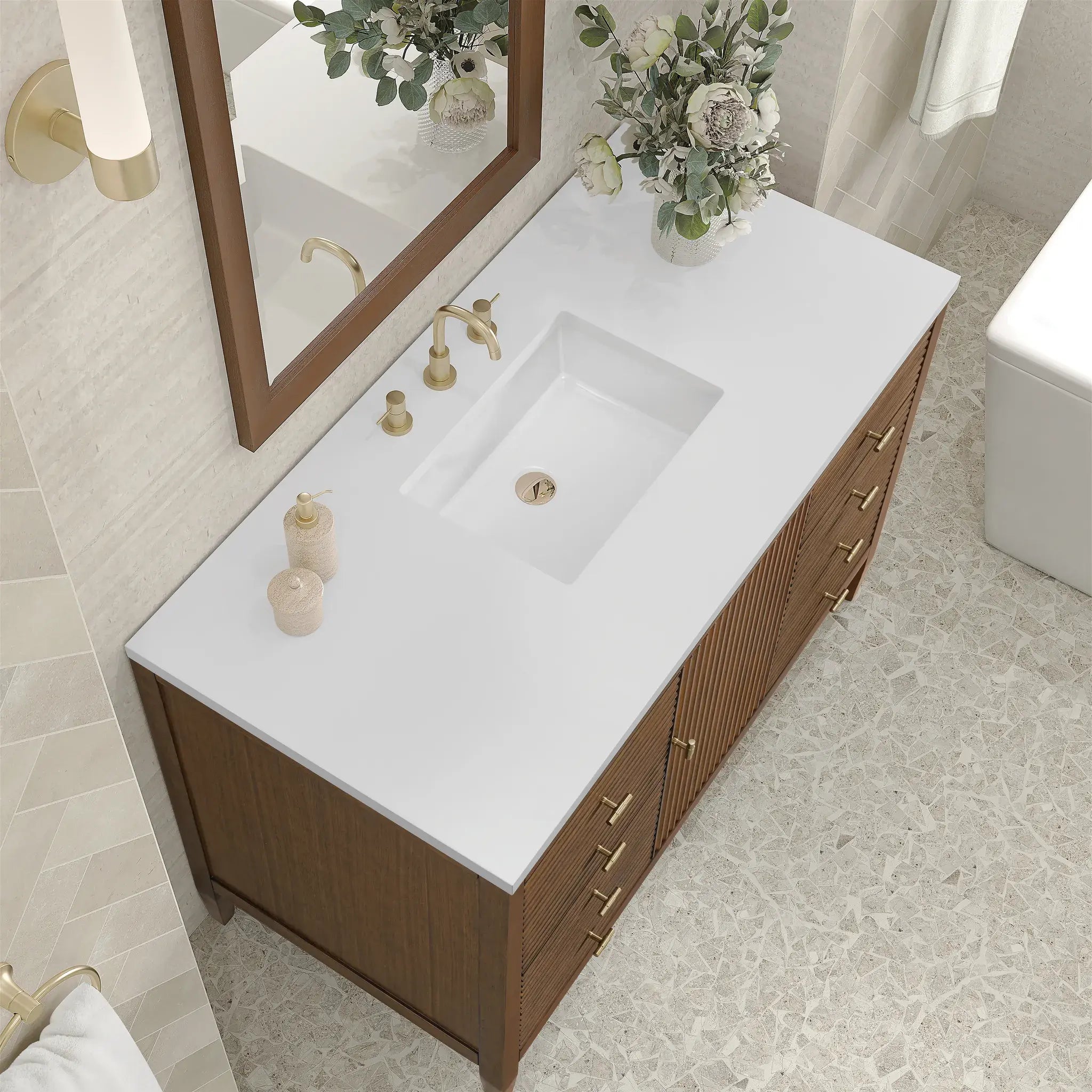 48" Myrrin Single Vanity in Mid Century Walnut-White Zeus Silestone-8" Widespread image 6