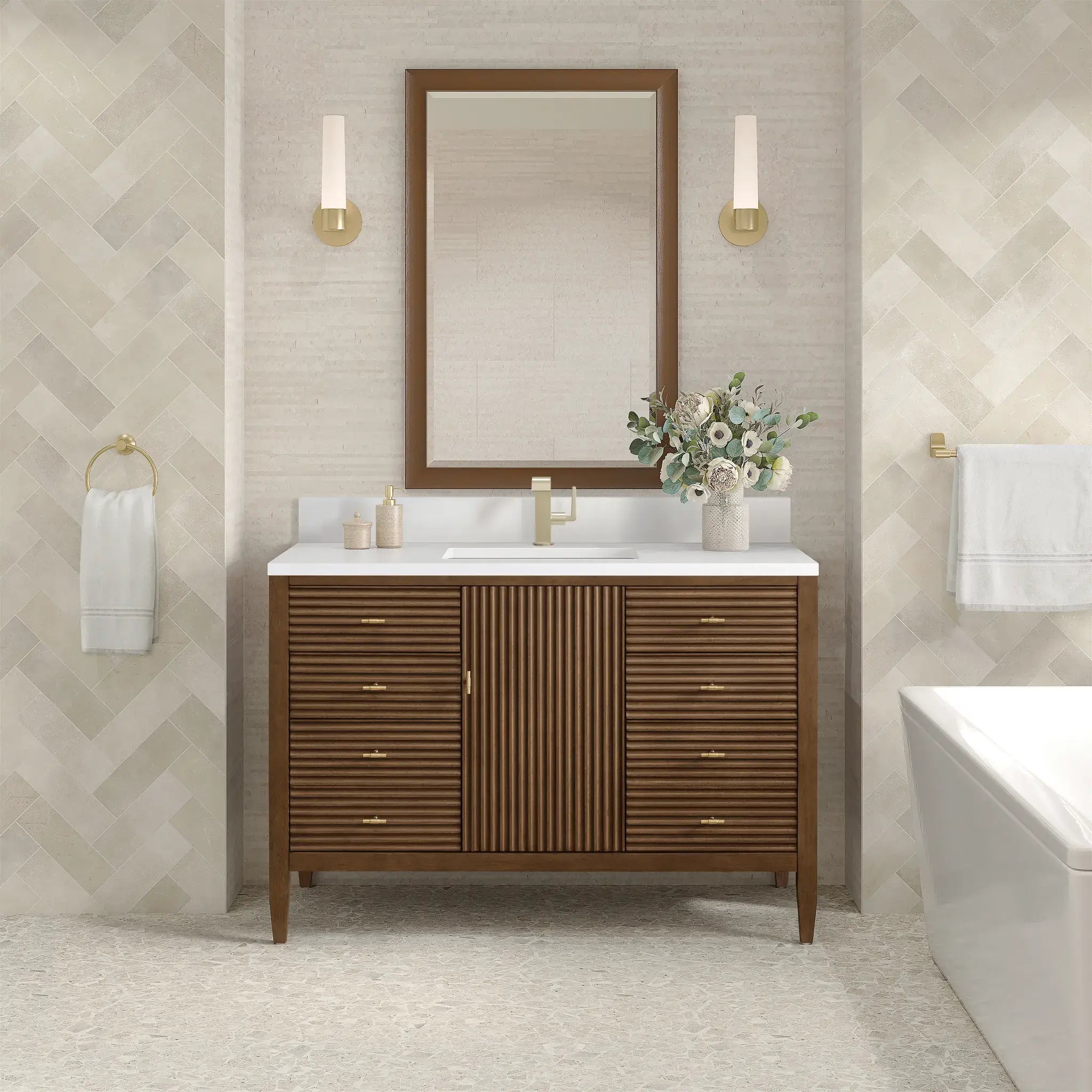 48" Myrrin Single Vanity in Mid Century Walnut-White Zeus Silestone & Backsplash-Single Hole image 1