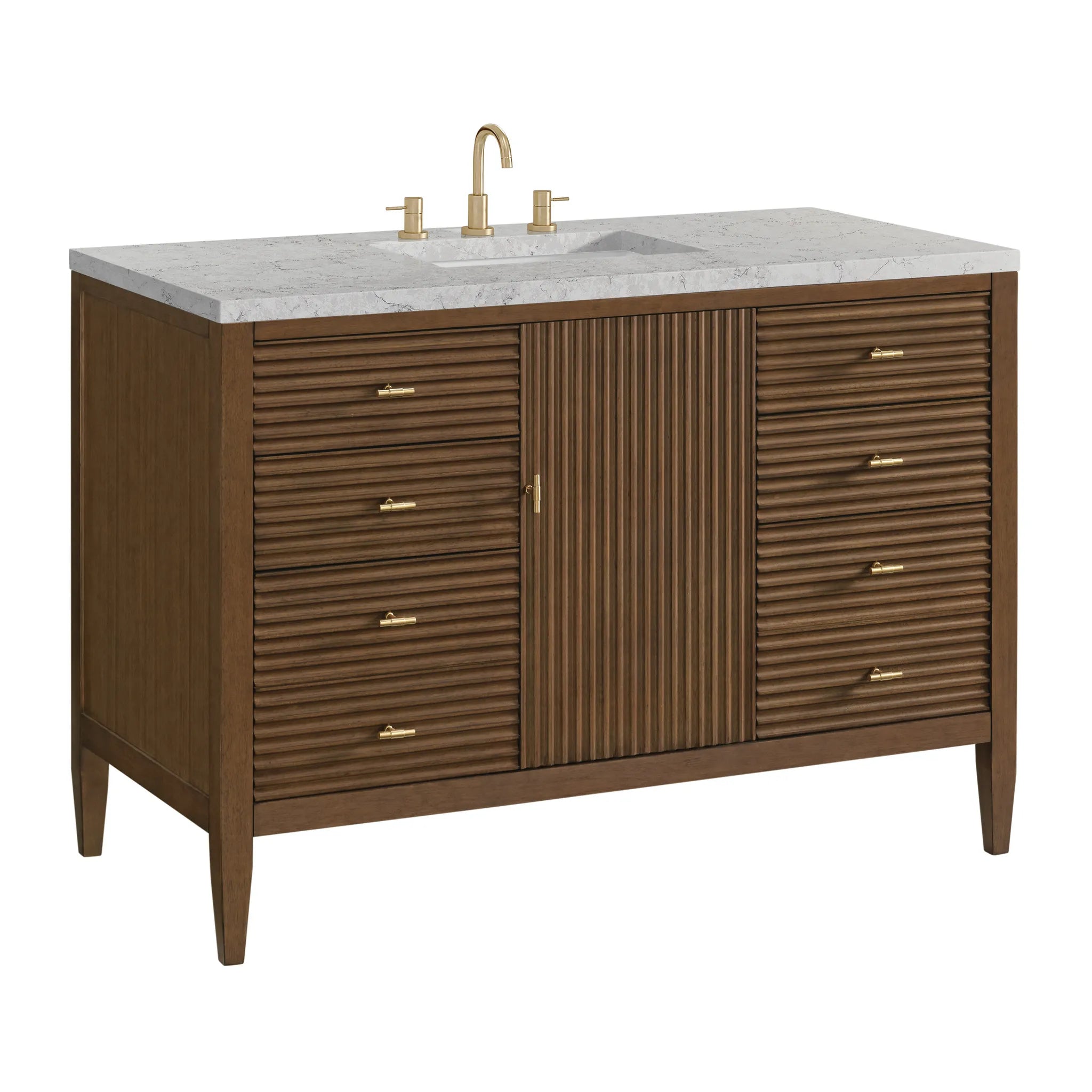48" Myrrin Single Vanity in Mid Century Walnut Wireless Charger-Eternal Jasmine Pearl Silestone-8" Widespread image 12