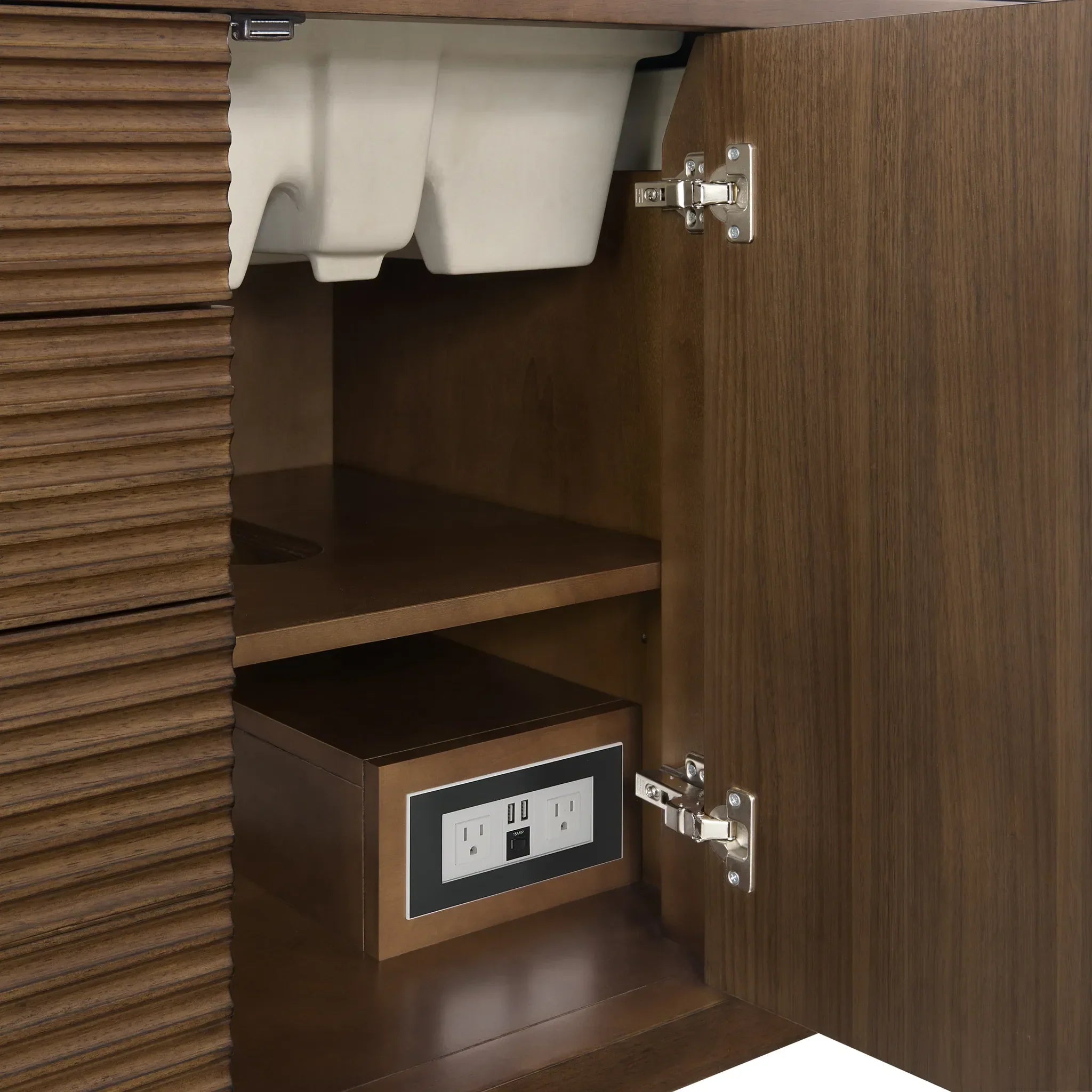 48" Myrrin Single Vanity in Mid Century Walnut Wireless Charger-Eternal Jasmine Pearl Silestone-8" Widespread image 14
