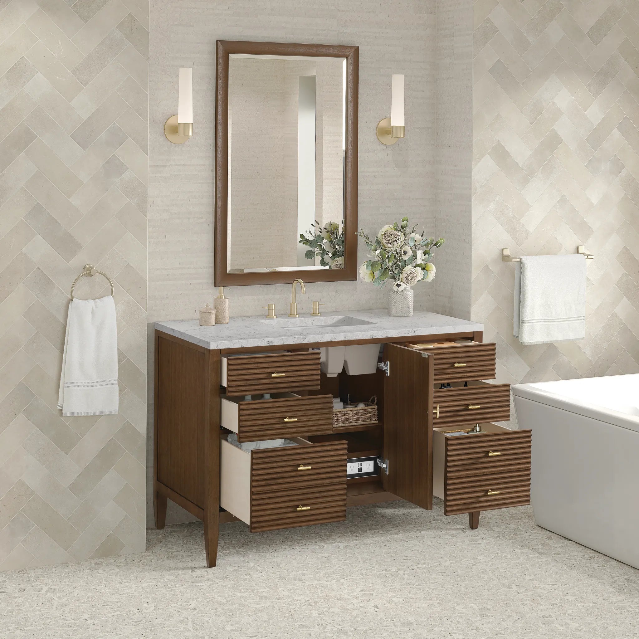 48" Myrrin Single Vanity in Mid Century Walnut Wireless Charger-Eternal Jasmine Pearl Silestone-8" Widespread image 7