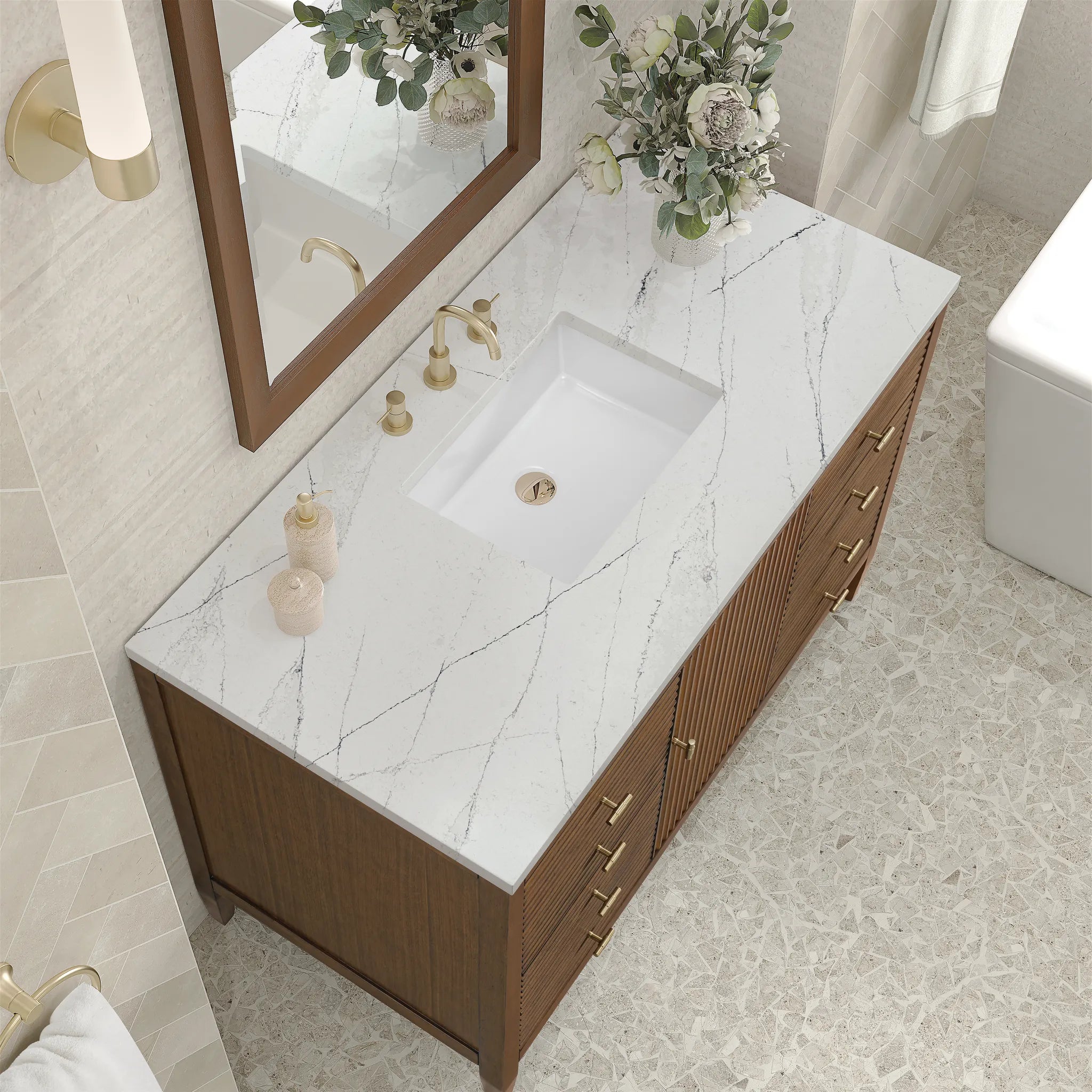 48" Myrrin Single Vanity in Mid Century Walnut Wireless Charger-Ethereal Noctis Silestone-8" Widespread image 9