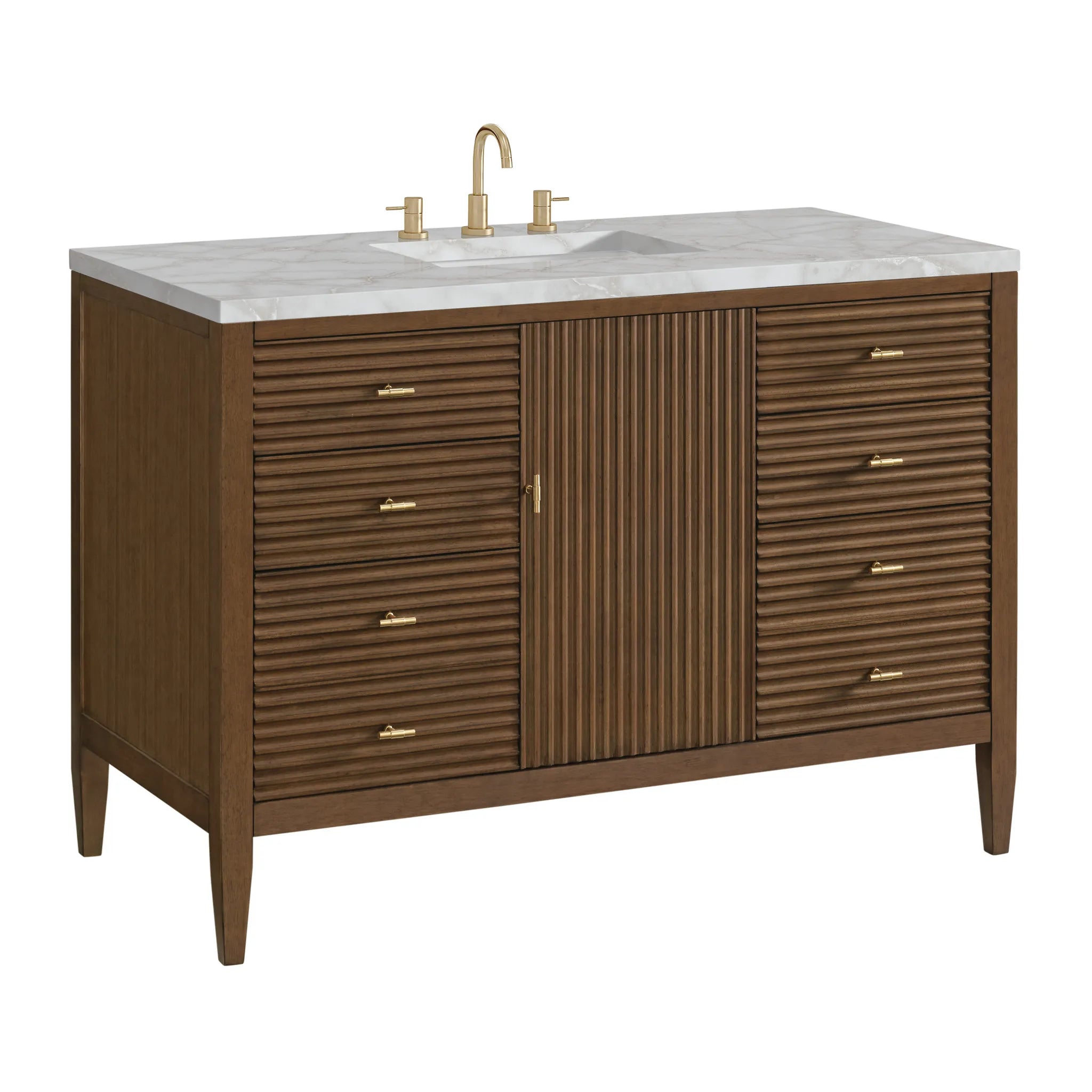 48" Myrrin Single Vanity in Mid Century Walnut Wireless Charger-Victorian Silver Silestone-8" Widespread image 12