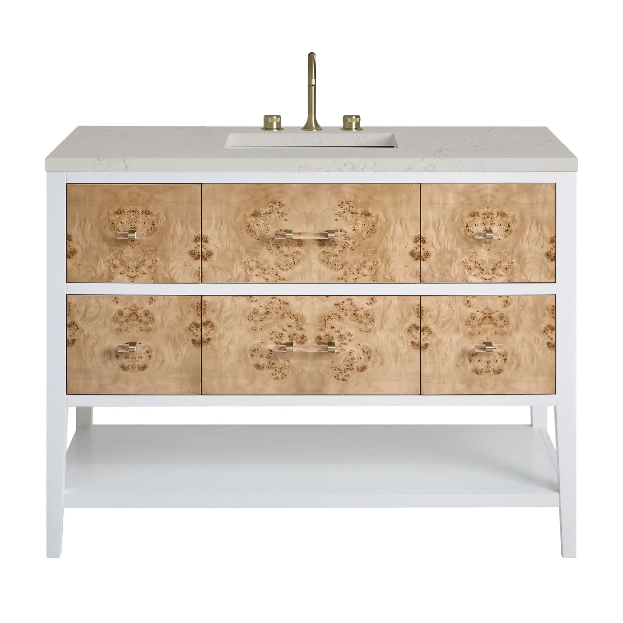 48 Olena Single Vanity In Light Mappa Burl And Polished White Power Enabled Siberian Silestone 8 Widespread 1
