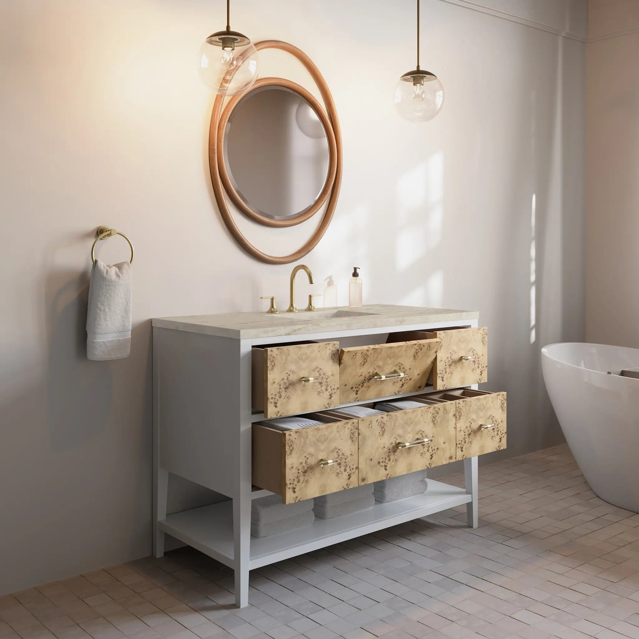 48 Olena Single Vanity In Light Mappa Burl And Polished White Power Enabled Tajnar Eclos 8 Widespread 7