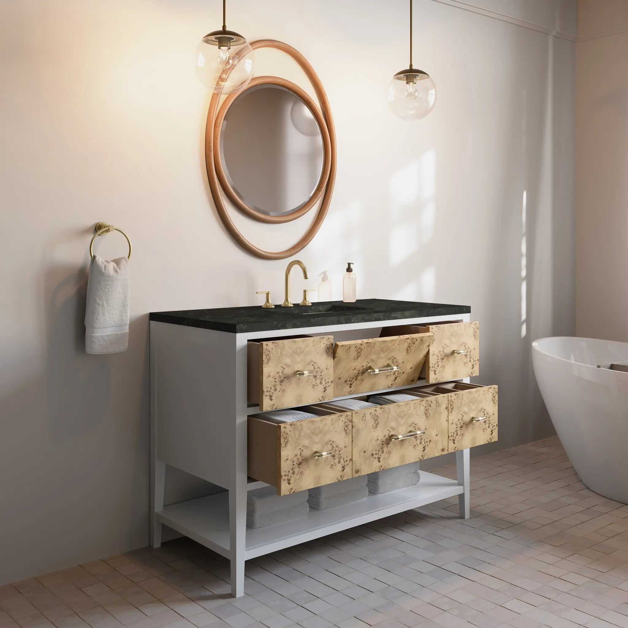 48 Olena Single Vanity In Light Mappa Burl And Polished White Standard Phantome Eclos 8 Widespread 5