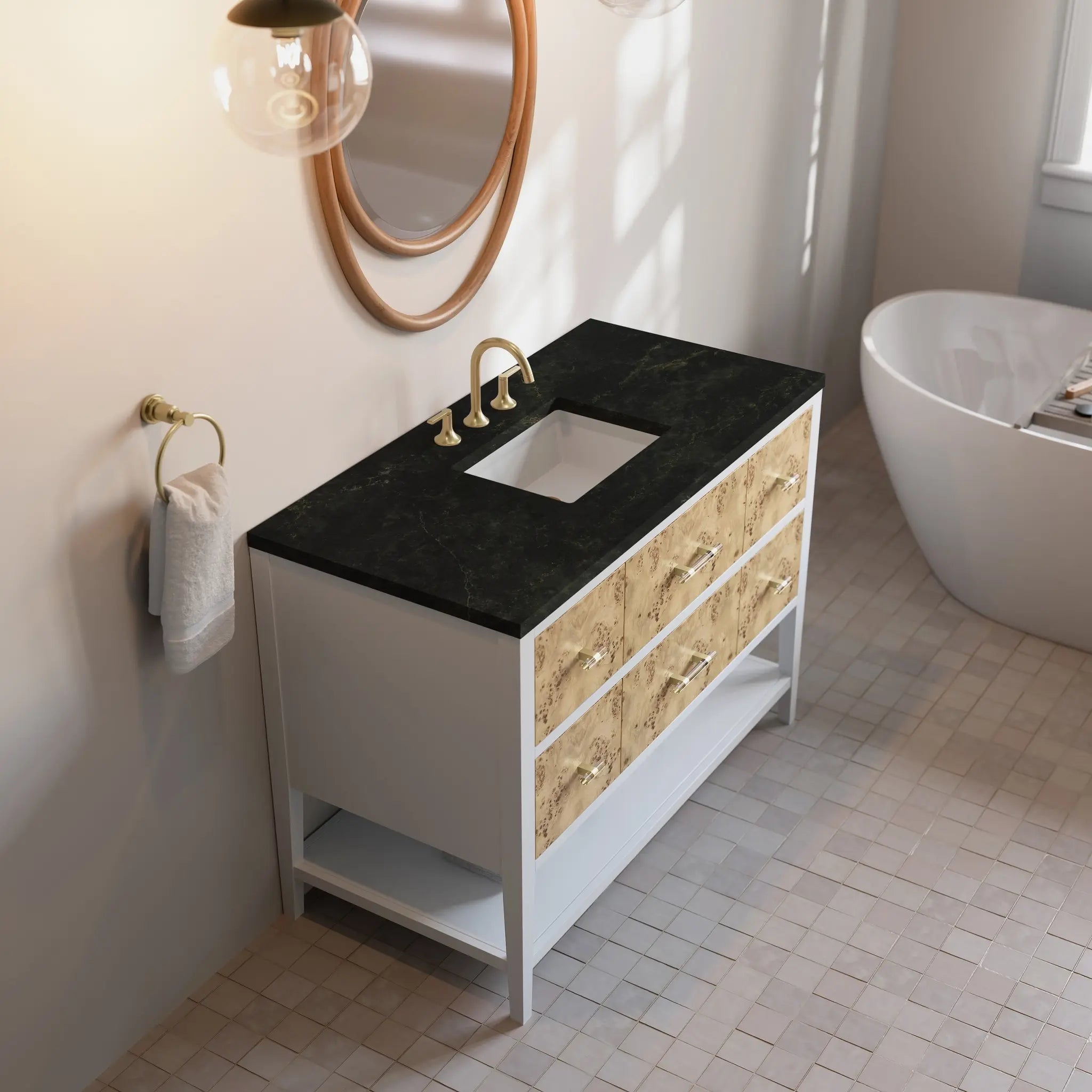 48 Olena Single Vanity In Light Mappa Burl And Polished White Standard Phantome Eclos 8 Widespread 7
