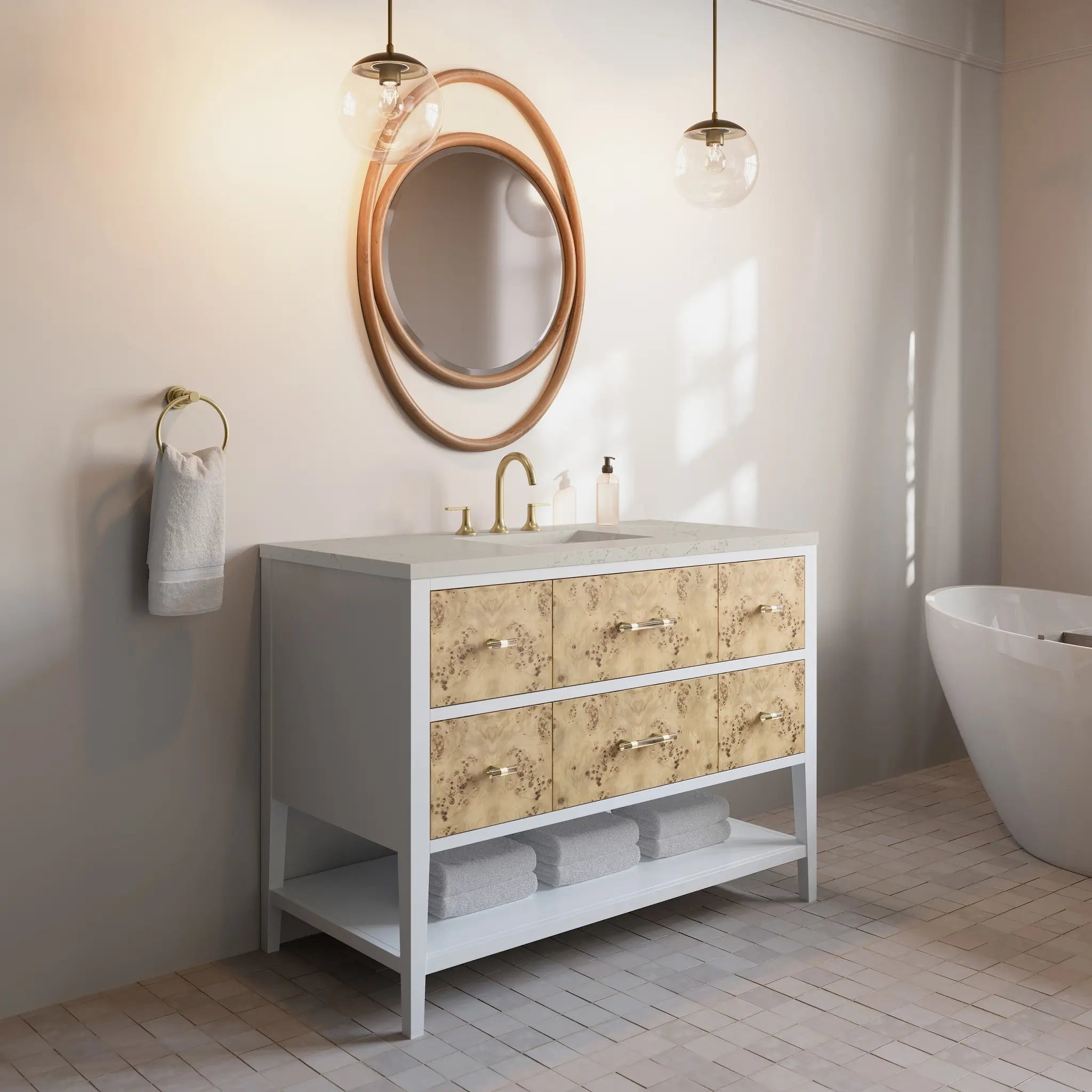 48 Olena Single Vanity In Light Mappa Burl And Polished White Standard Siberian Silestone 8 Widespread 4