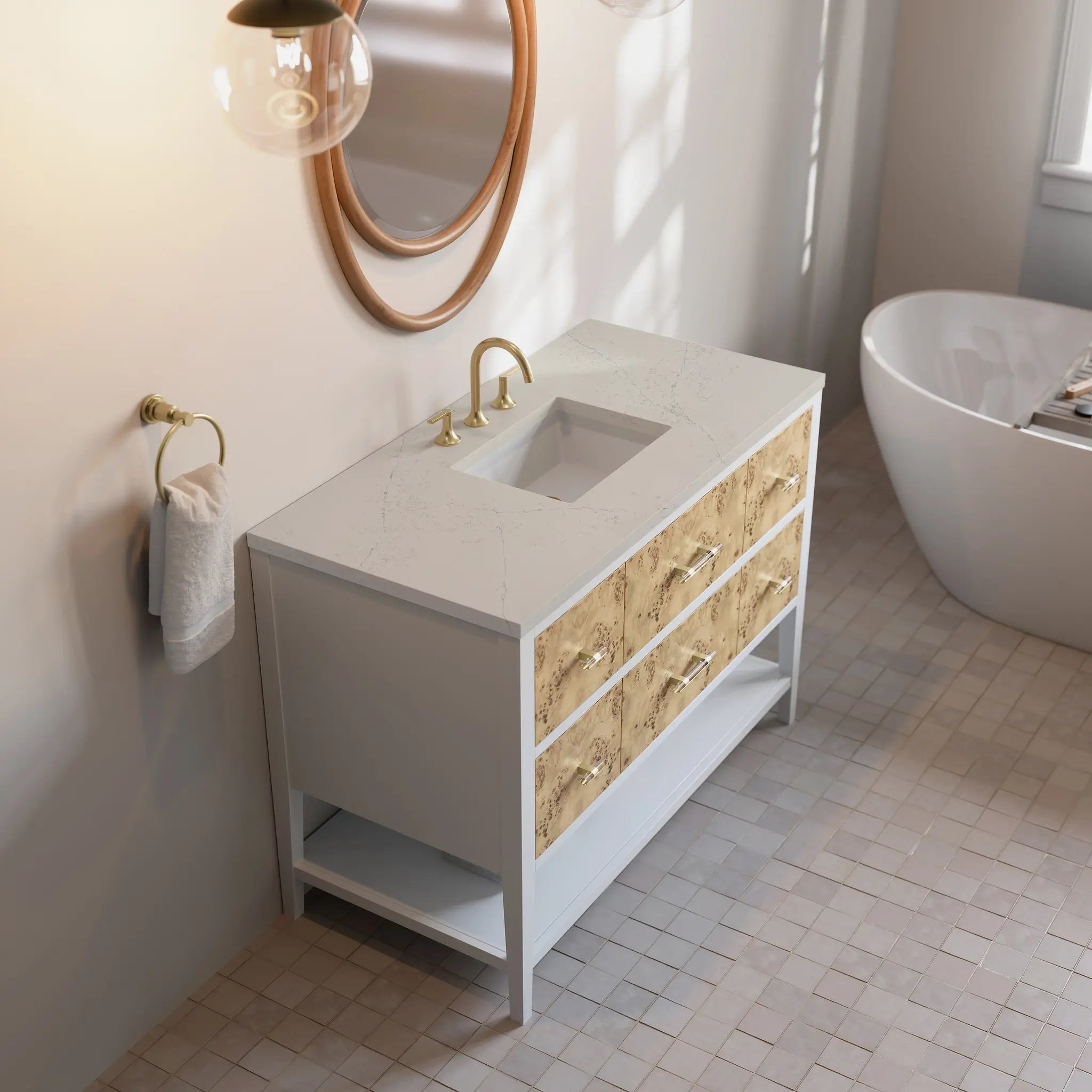 48 Olena Single Vanity In Light Mappa Burl And Polished White Standard Siberian Silestone 8 Widespread 7