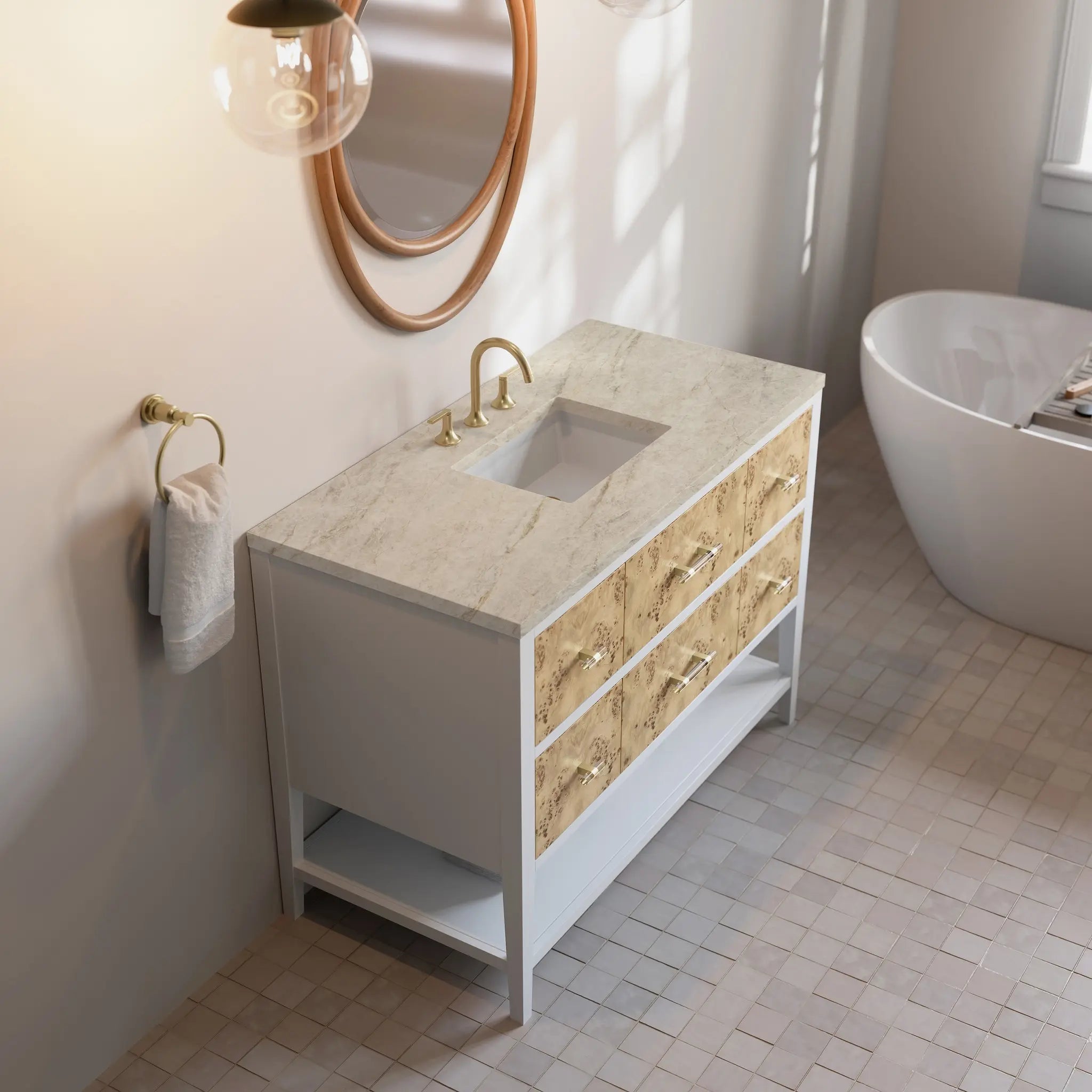 48 Olena Single Vanity In Light Mappa Burl And Polished White Standard Tajnar Eclos 8 Widespread 7