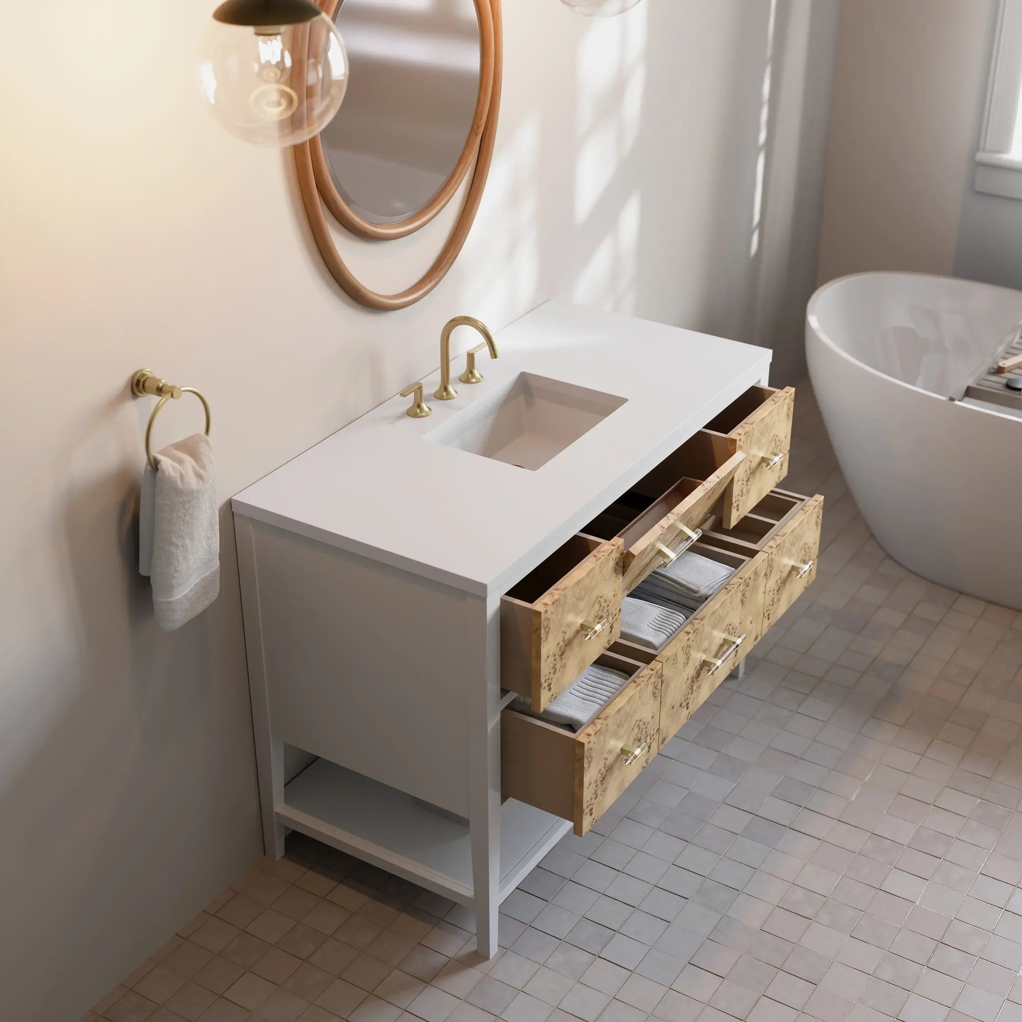 48 Olena Single Vanity In Light Mappa Burl And Polished White Standard White Zeus Silestone 8 Widespread 8