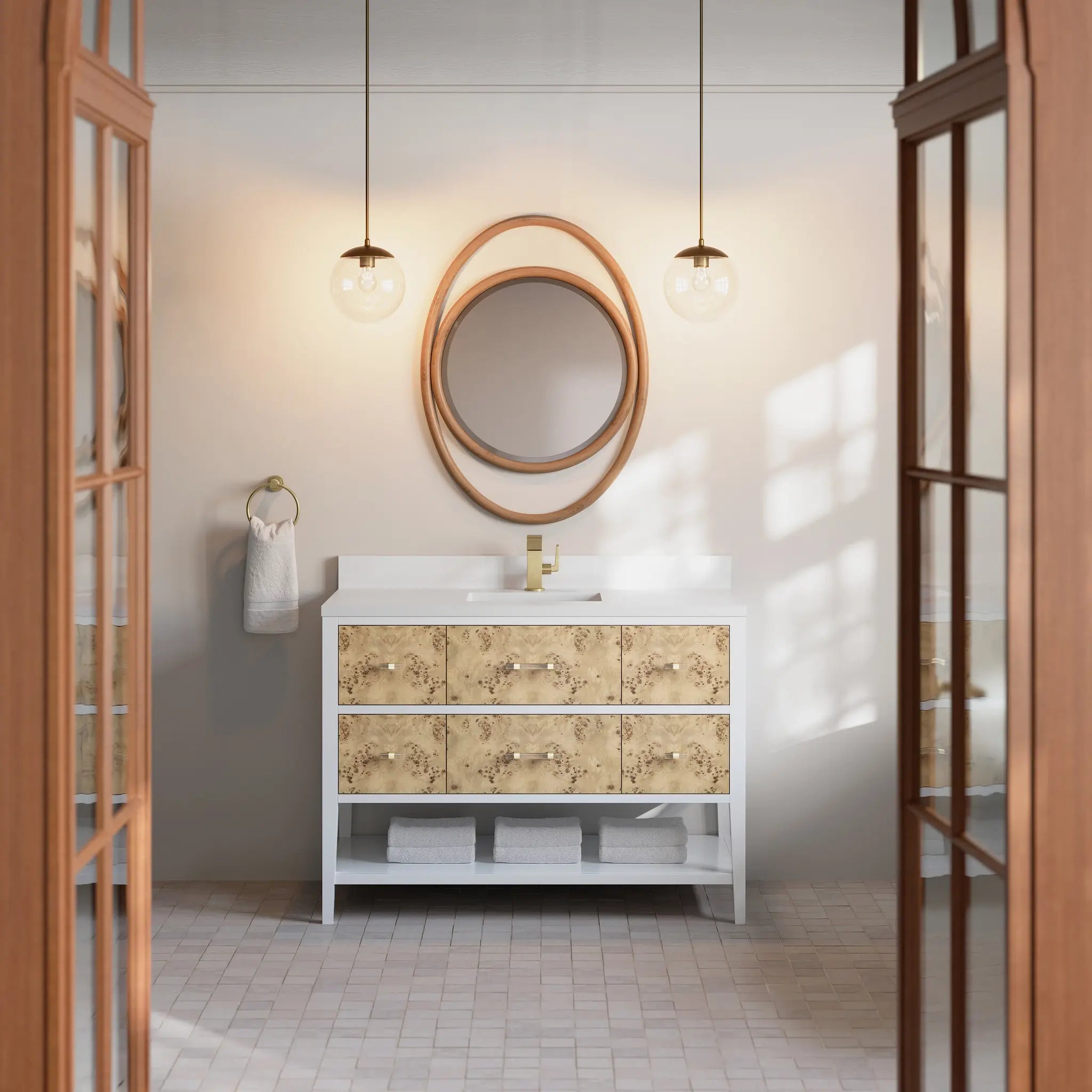 48 Olena Single Vanity In Light Mappa Burl And Polished White Standard White Zeus Silestone Backsplash Single Hole 3
