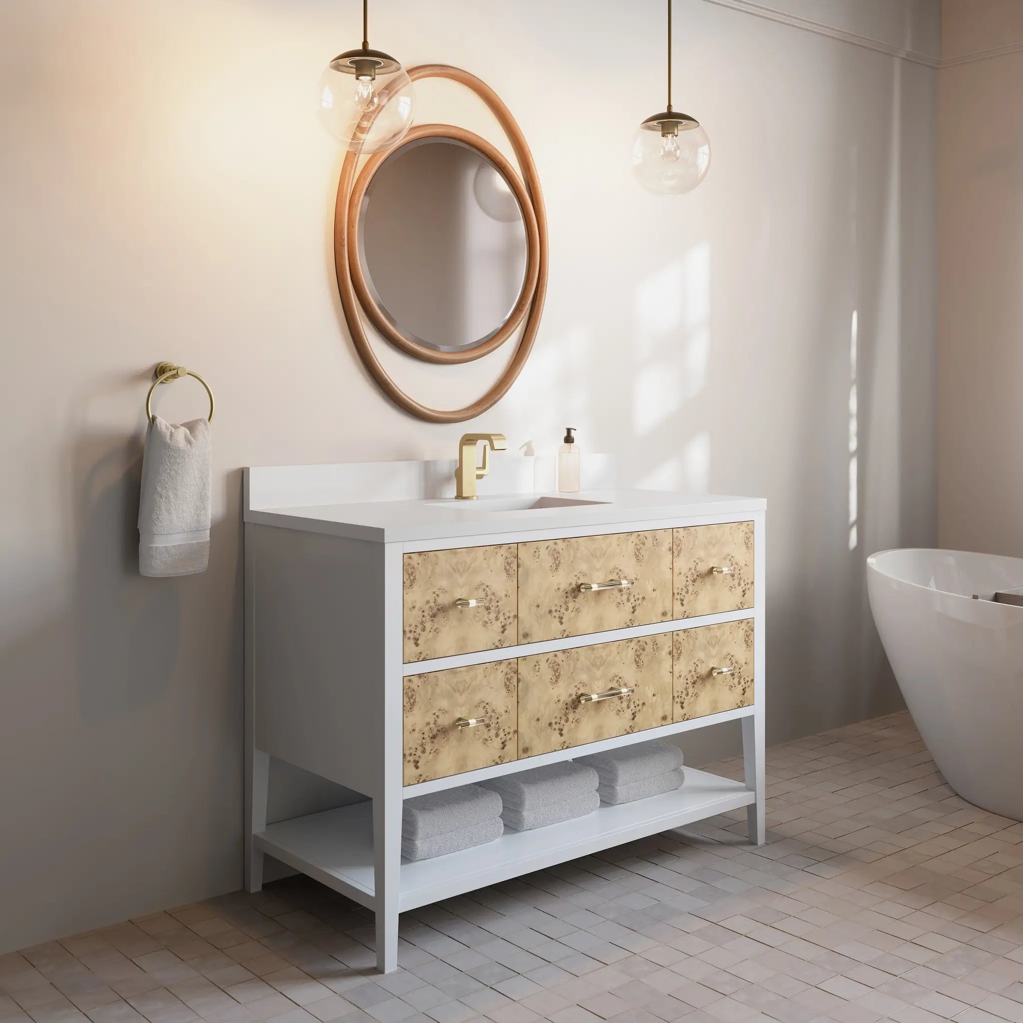 48 Olena Single Vanity In Light Mappa Burl And Polished White Standard White Zeus Silestone Backsplash Single Hole 4