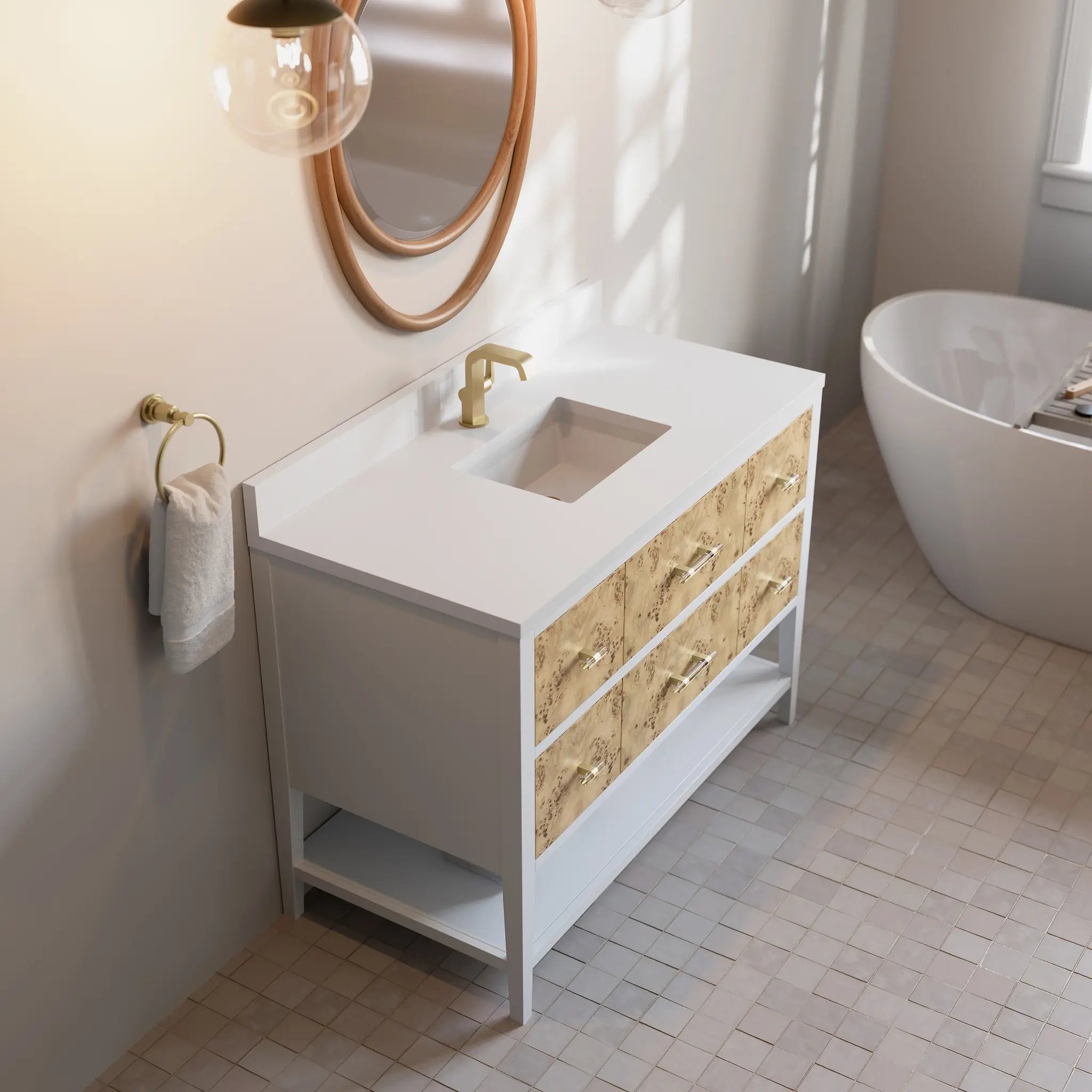 48 Olena Single Vanity In Light Mappa Burl And Polished White Standard White Zeus Silestone Backsplash Single Hole 7
