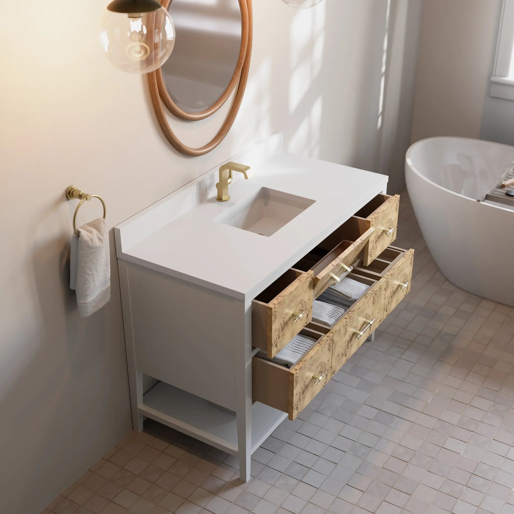 48 Olena Single Vanity In Light Mappa Burl And Polished White Standard White Zeus Silestone Backsplash Single Hole 8