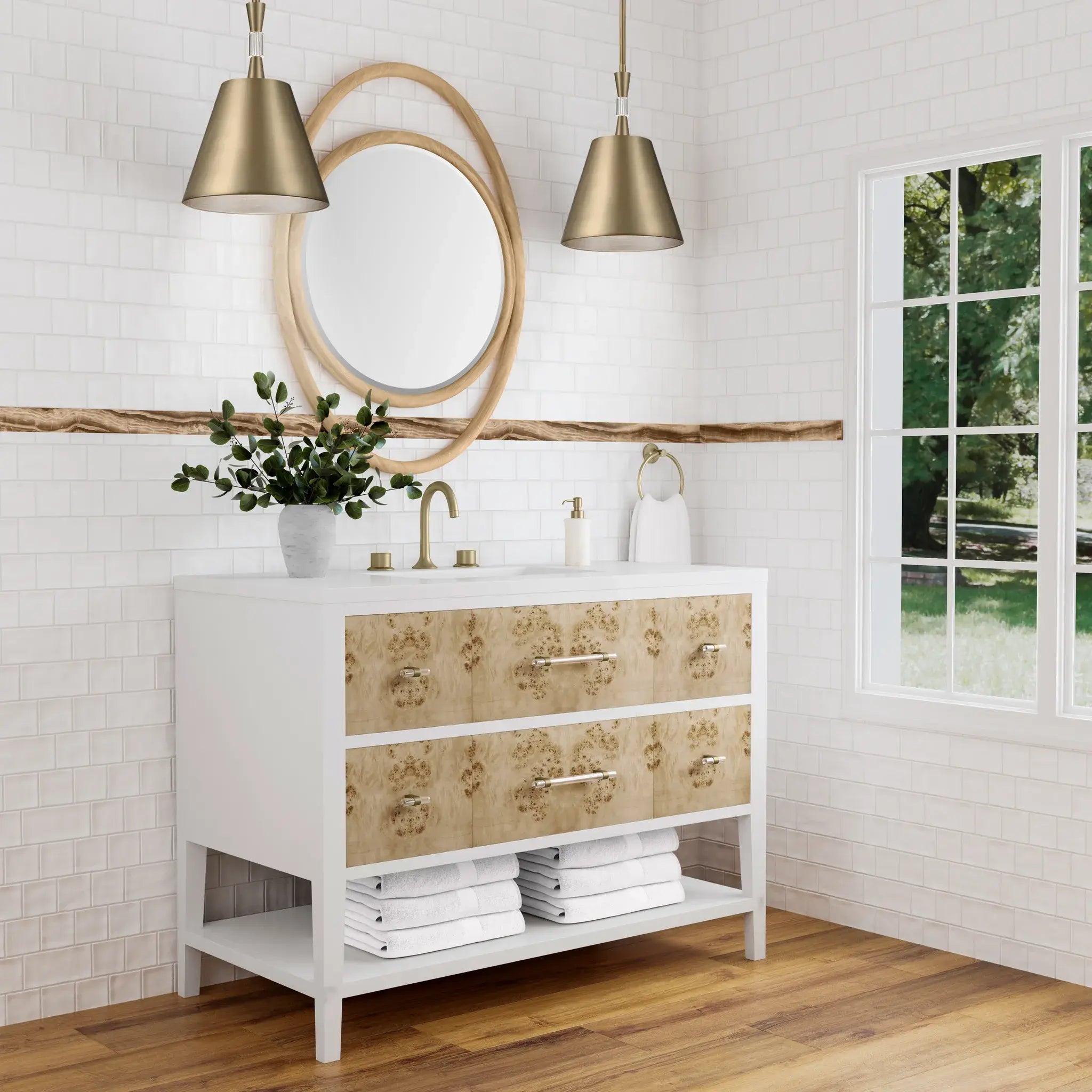 48" Olena Single Vanity in Light Mappa Burl and Polished White-White Zeus Silestone-8" Widespread image 3
