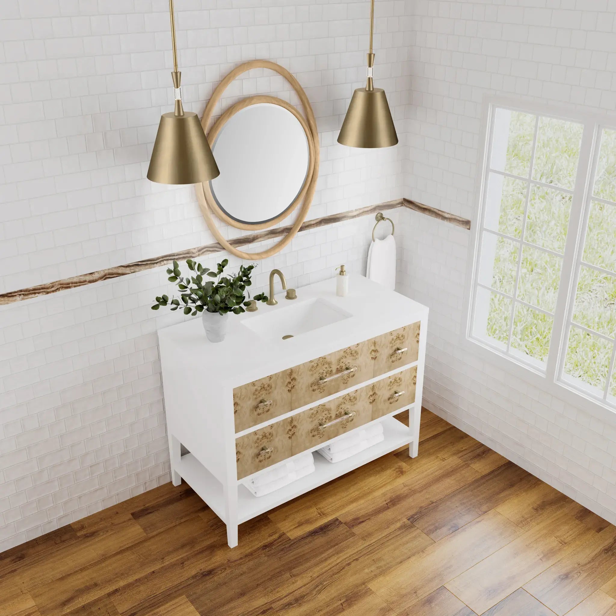 48" Olena Single Vanity in Light Mappa Burl and Polished White-White Zeus Silestone-8" Widespread image 6