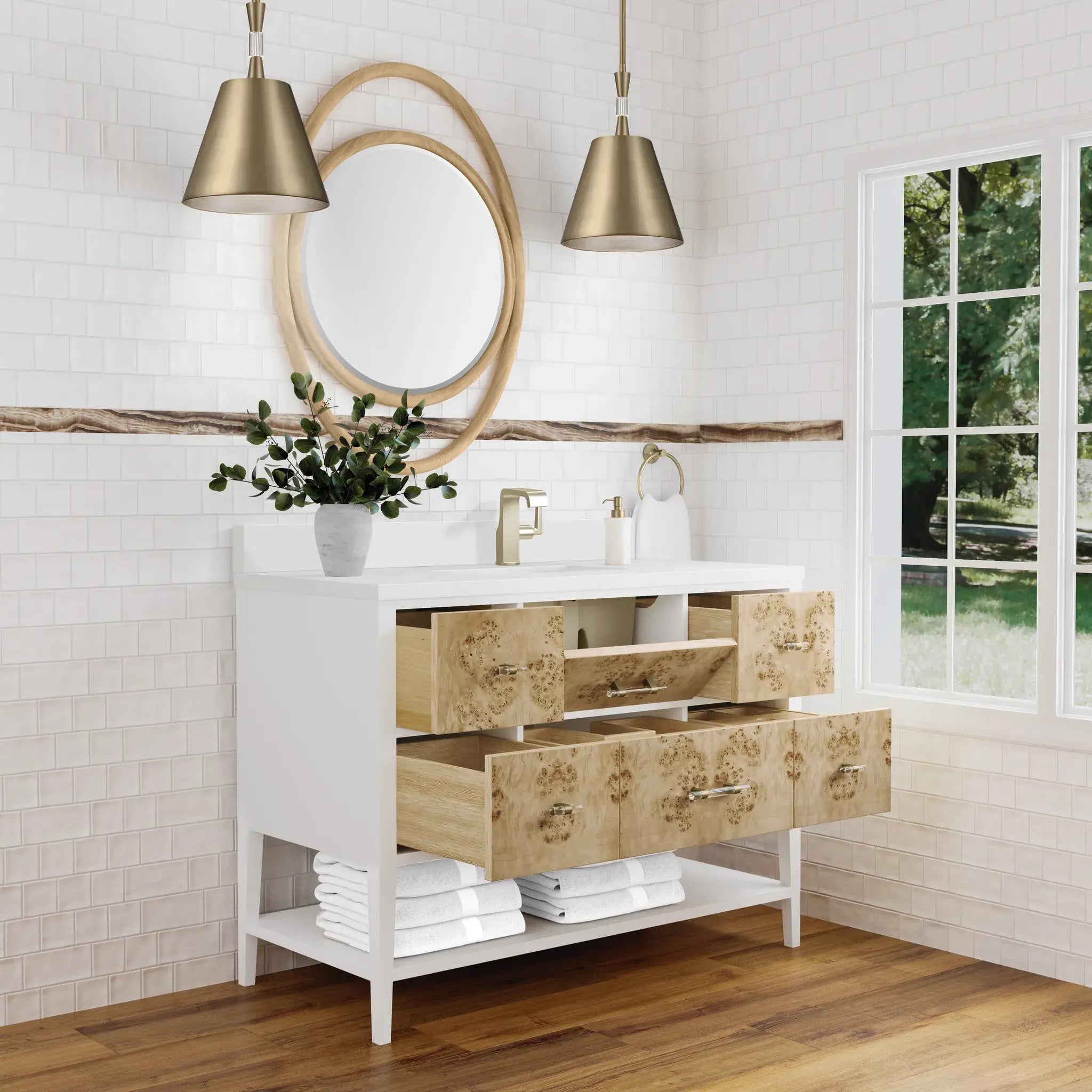 48" Olena Single Vanity in Light Mappa Burl and Polished White-White Zeus Silestone & Backsplash-Single Hole image 4