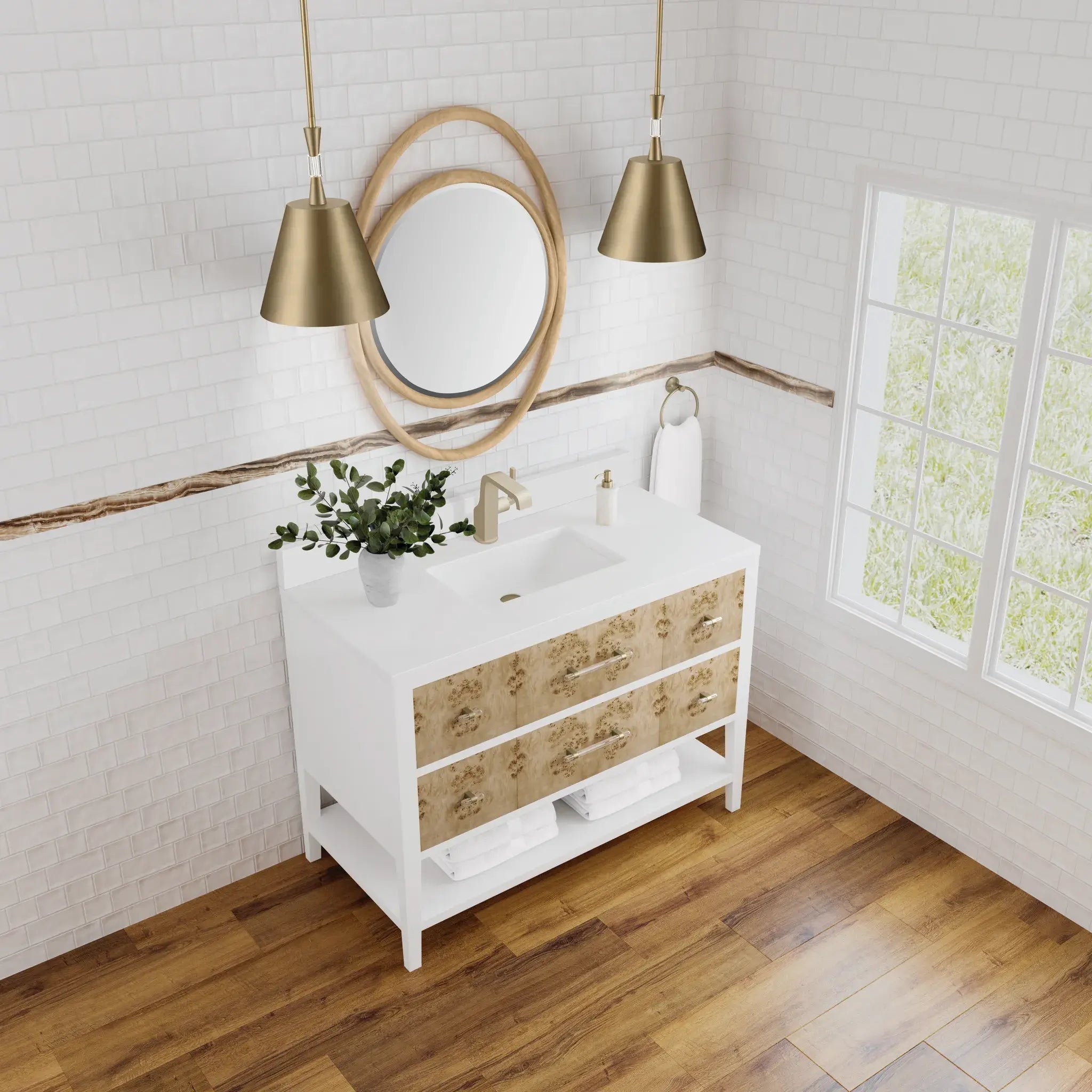 48" Olena Single Vanity in Light Mappa Burl and Polished White-White Zeus Silestone & Backsplash-Single Hole image 6