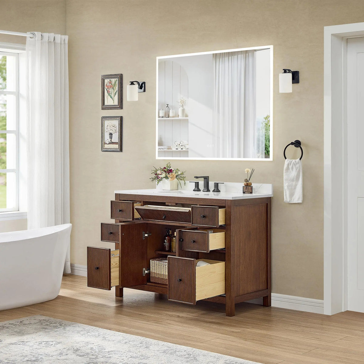 48" Pendry Single Bathroom Vanity Dark Walnut Matte Black Trim by wyndham View 20