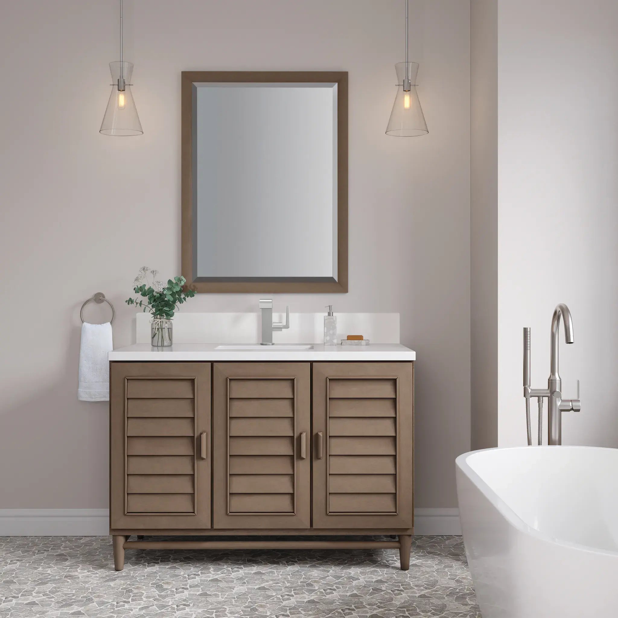 48" Portland Single Vanity in Whitewashed Walnut-White Zeus Silestone & Backsplash-Single Hole image 1