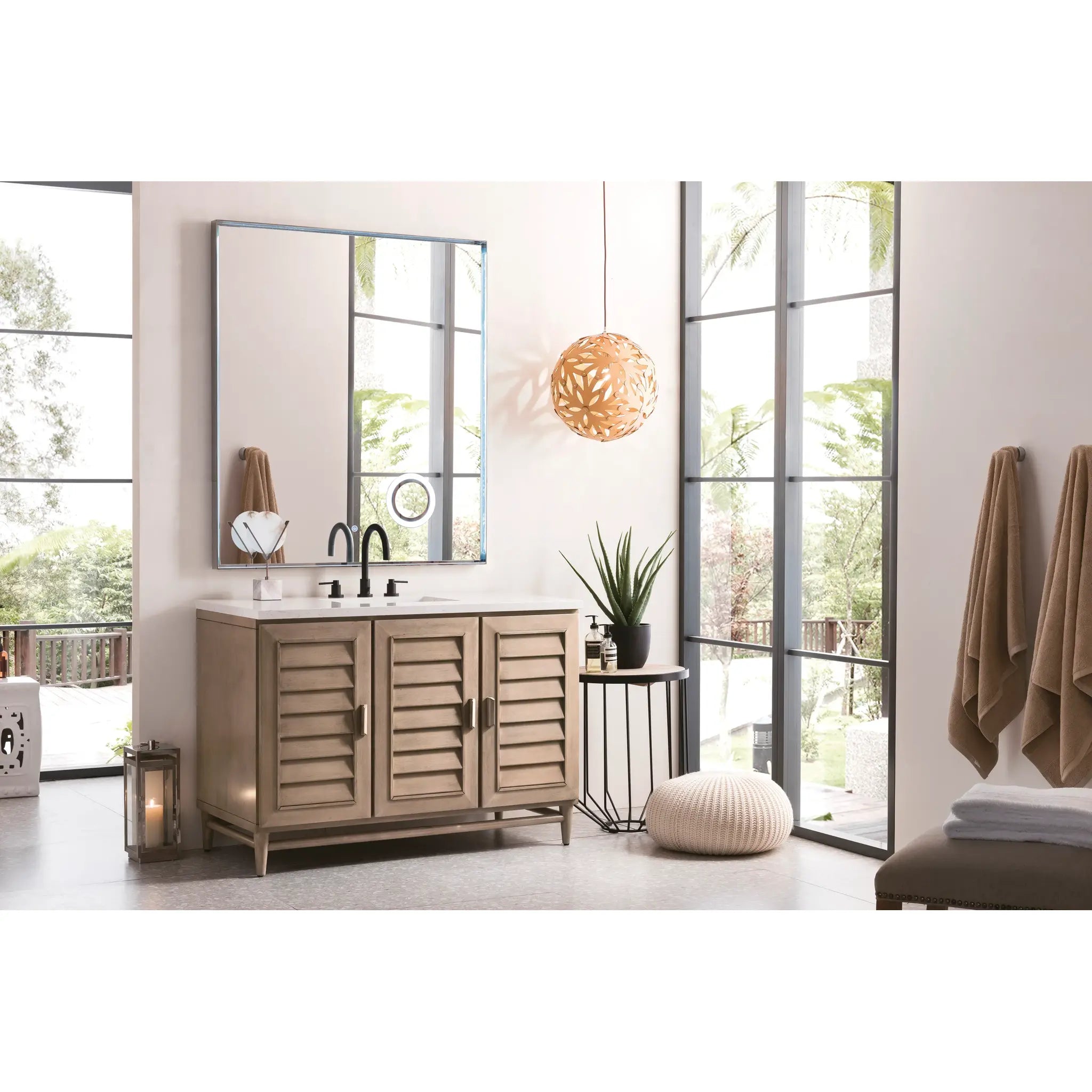 48" Portland Single Vanity in Whitewashed Walnut Wireless Charger-Eternal Jasmine Pearl Silestone-8" Widespread image 5