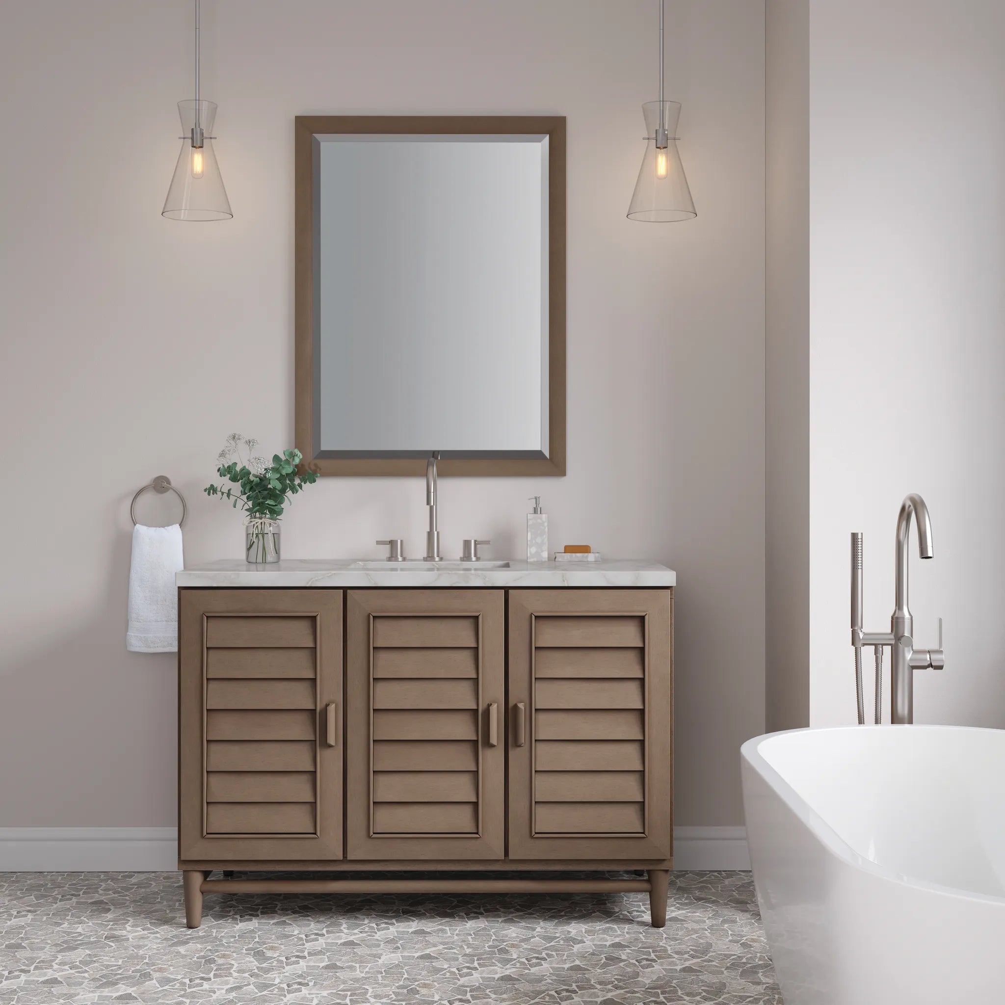 48" Portland Single Vanity in Whitewashed Walnut Wireless Charger-Victorian Silver Silestone-8" Widespread image 4