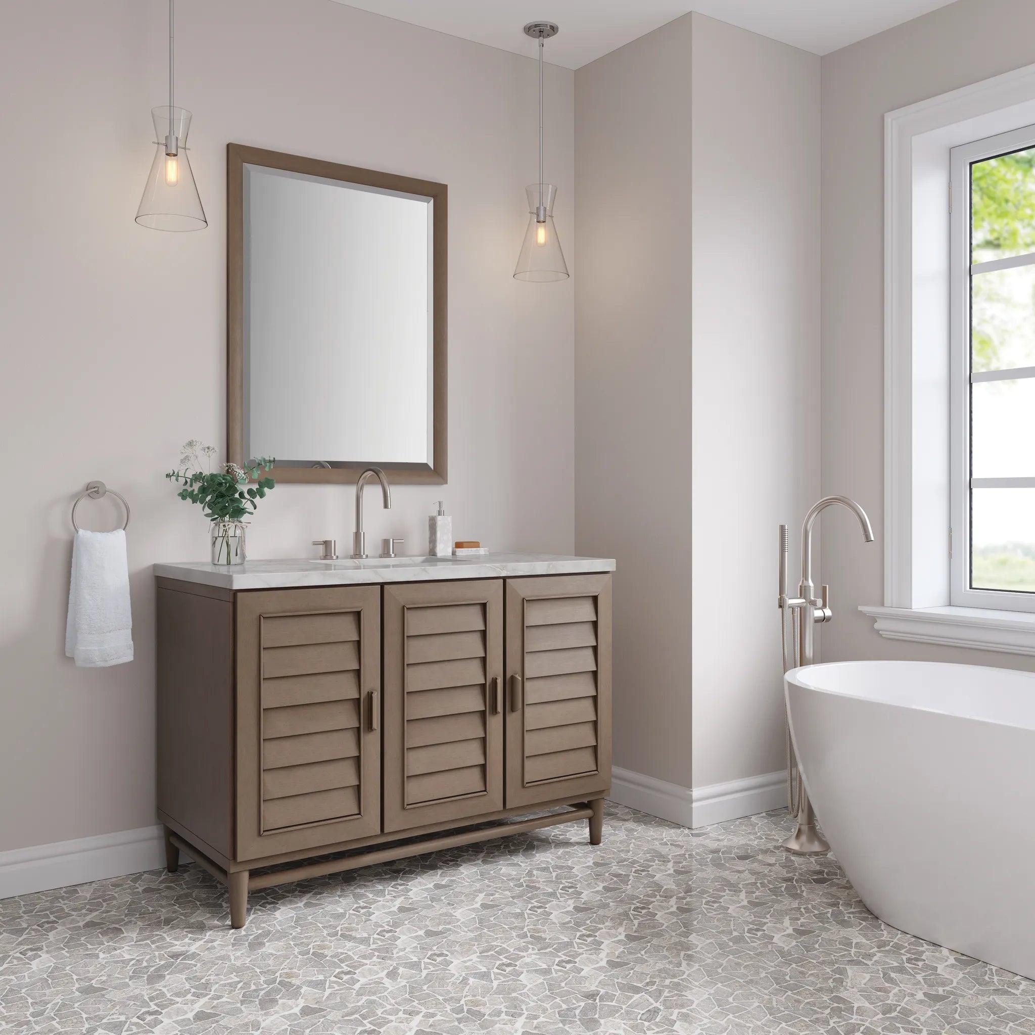 48" Portland Single Vanity in Whitewashed Walnut Wireless Charger-Victorian Silver Silestone-8" Widespread image 5