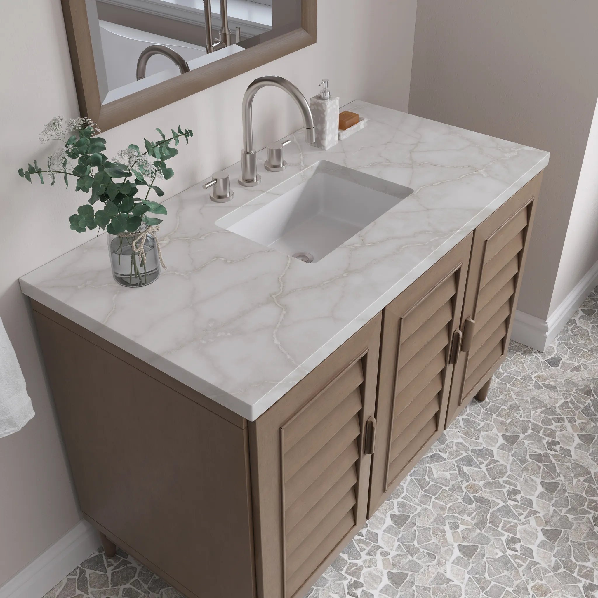 48" Portland Single Vanity in Whitewashed Walnut Wireless Charger-Victorian Silver Silestone-8" Widespread image 7