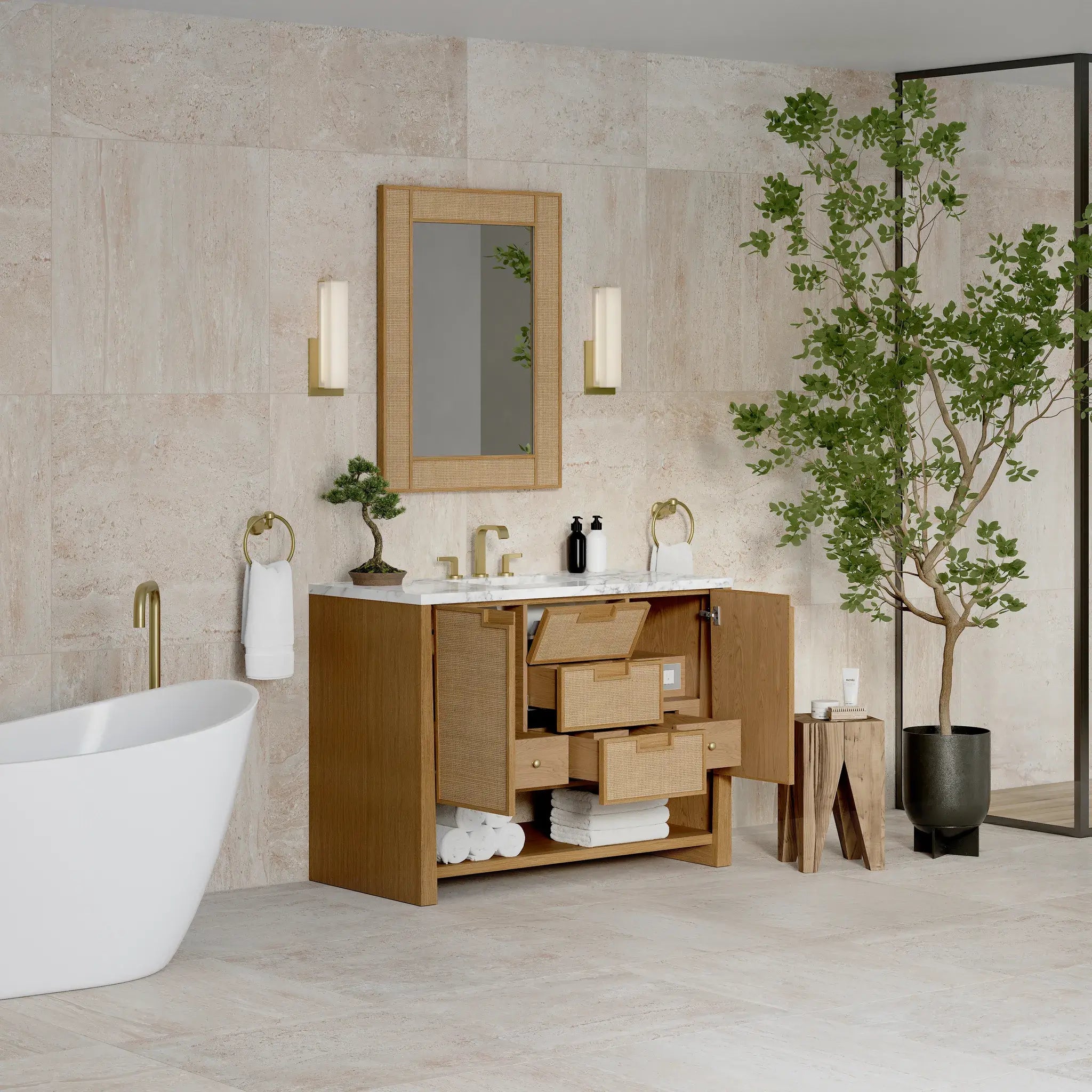 48" Solene Single Vanity in Seaside Oak-Carrara White Marble-8" Widespread image 4
