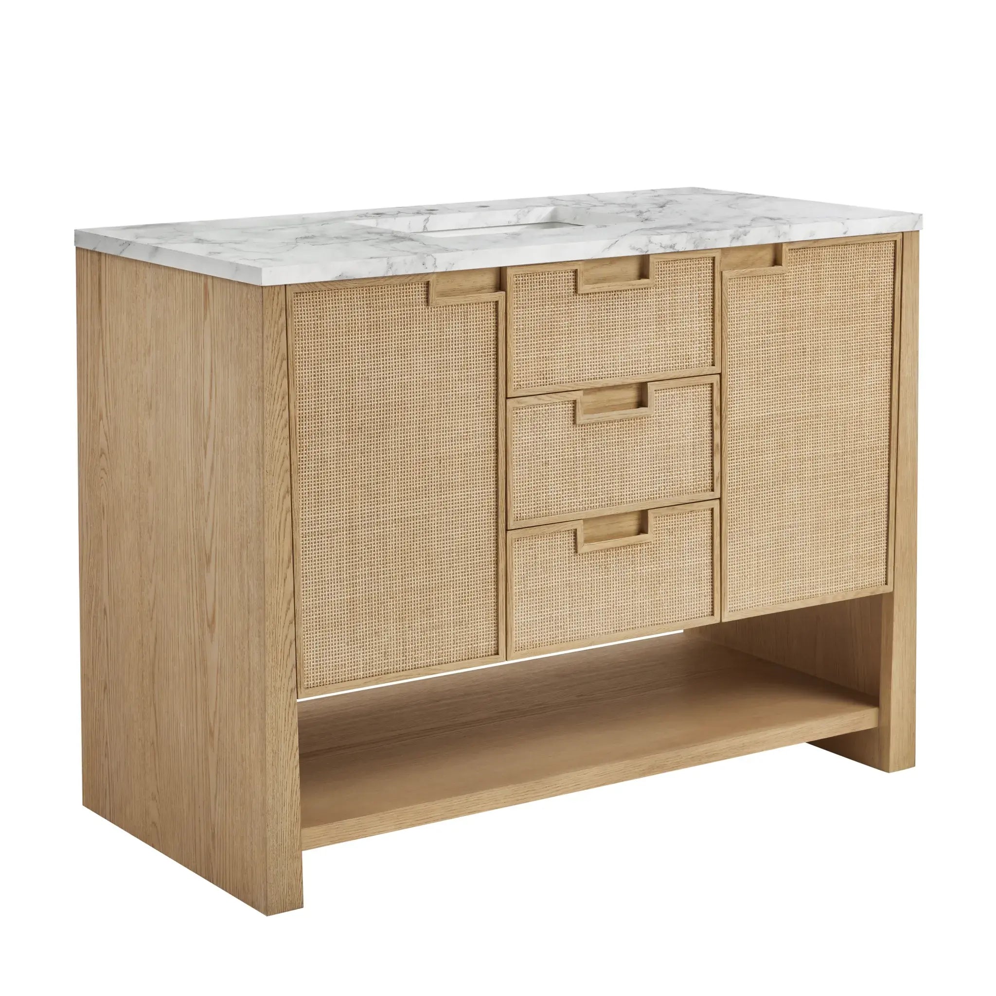 48" Solene Single Vanity in Seaside Oak-Carrara White Marble-8" Widespread image 9