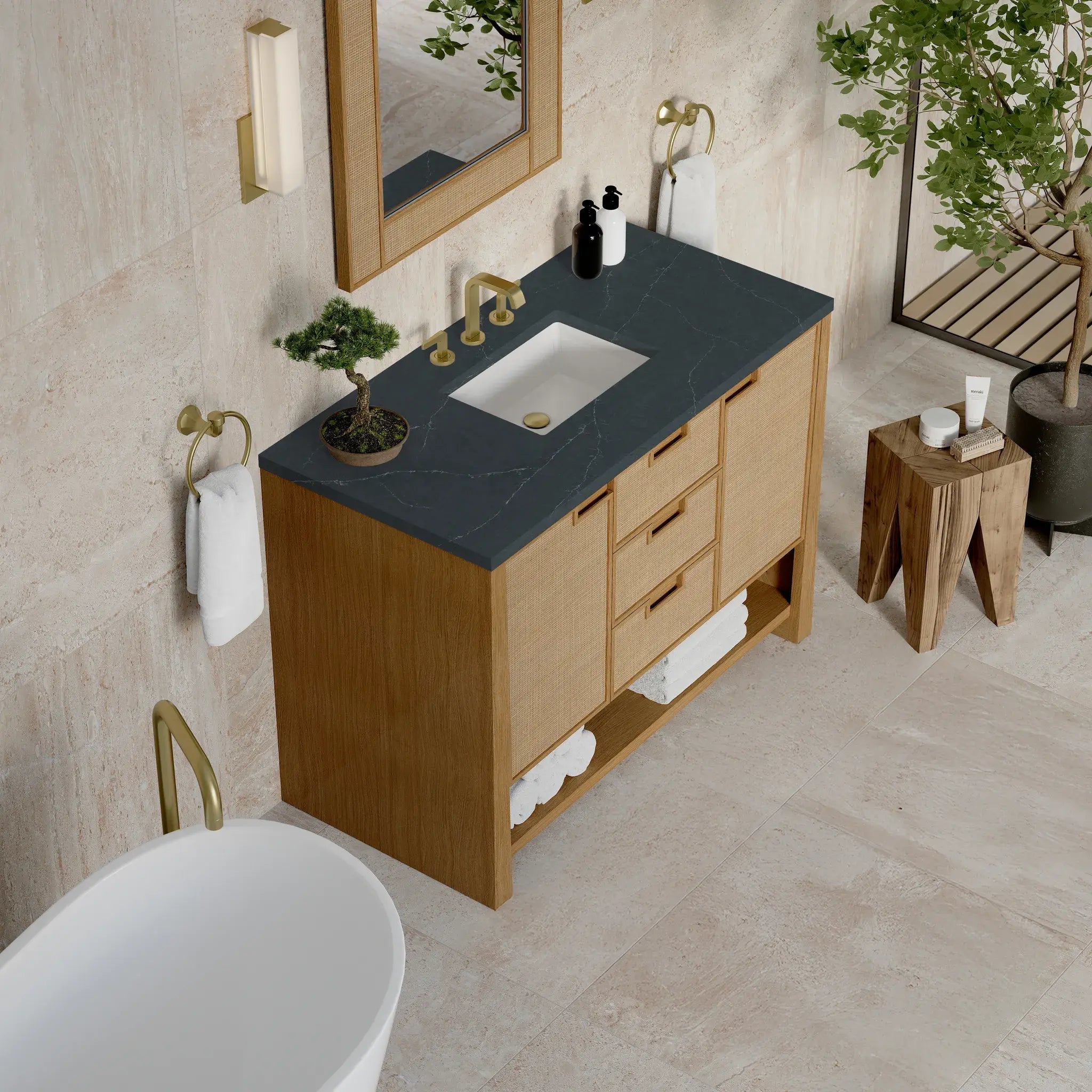 48" Solene Single Vanity in Seaside Oak-Charcoal Soapstone Silestone-8" Widespread image 6