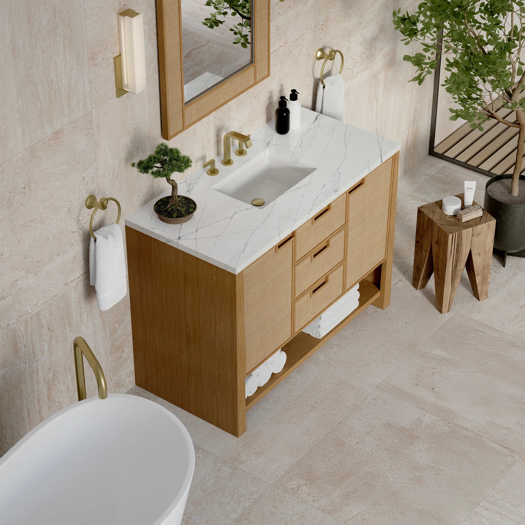 48" Solene Single Vanity in Seaside Oak w/FreePower Wireless Charger-Ethereal Noctis Silestone-8" Widespread image 8