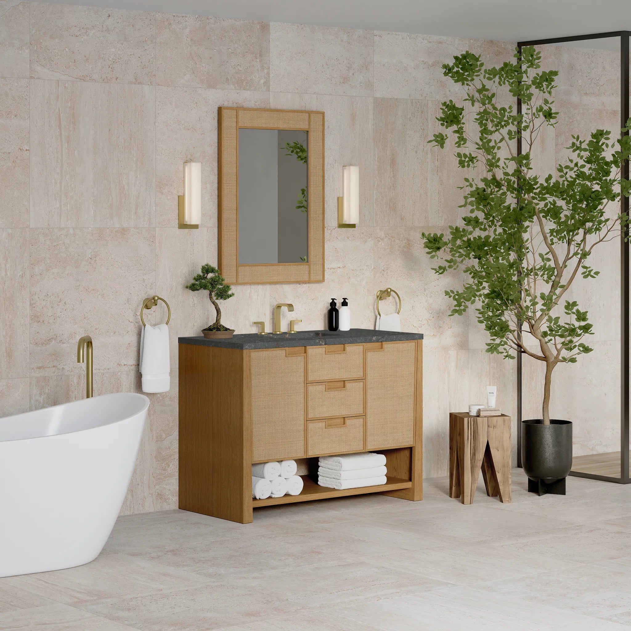 48" Solene Single Vanity in Seaside Oak w/FreePower Wireless Charger-Parisien Bleu Silestone-8" Widespread image 5