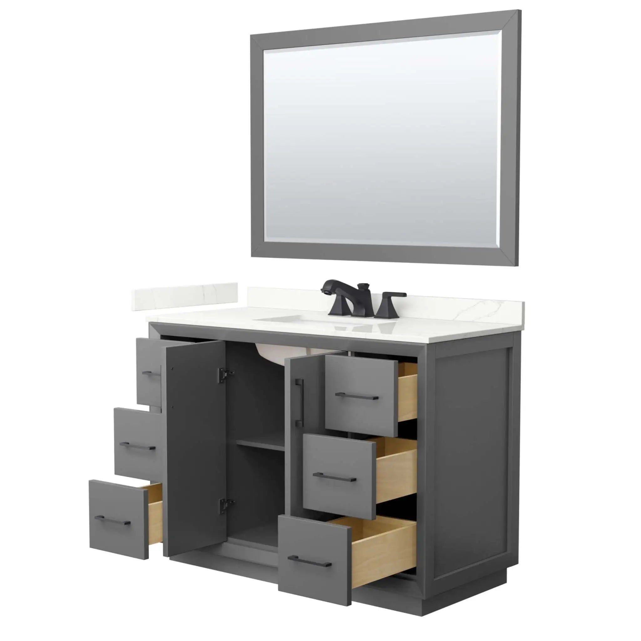 48" Strada Single Bathroom Vanity in Dark Gray with Matte Black Trim & 46" Mirror by Wyndham
