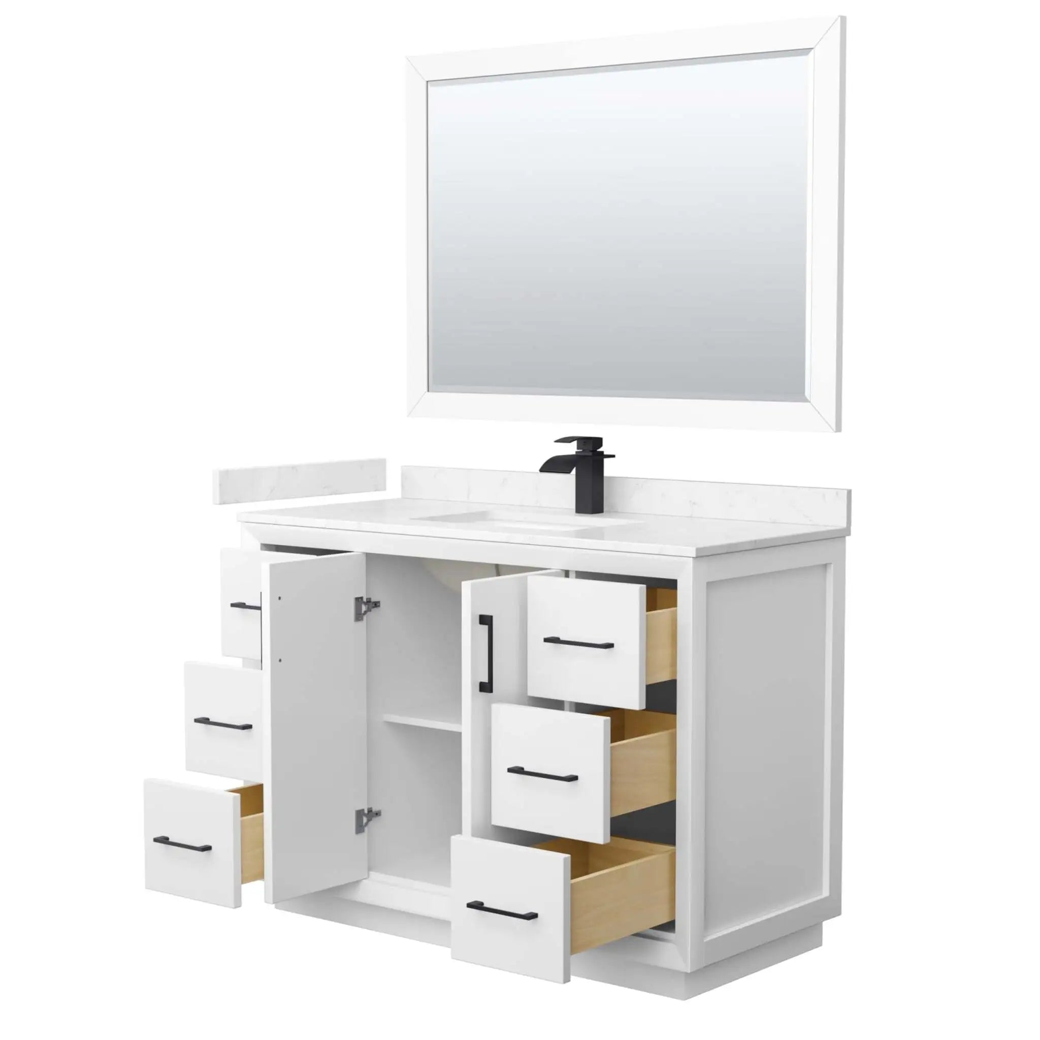 48" Strada Single Bathroom Vanity in White with Matte Black Trim & 46" Mirror by Wyndham