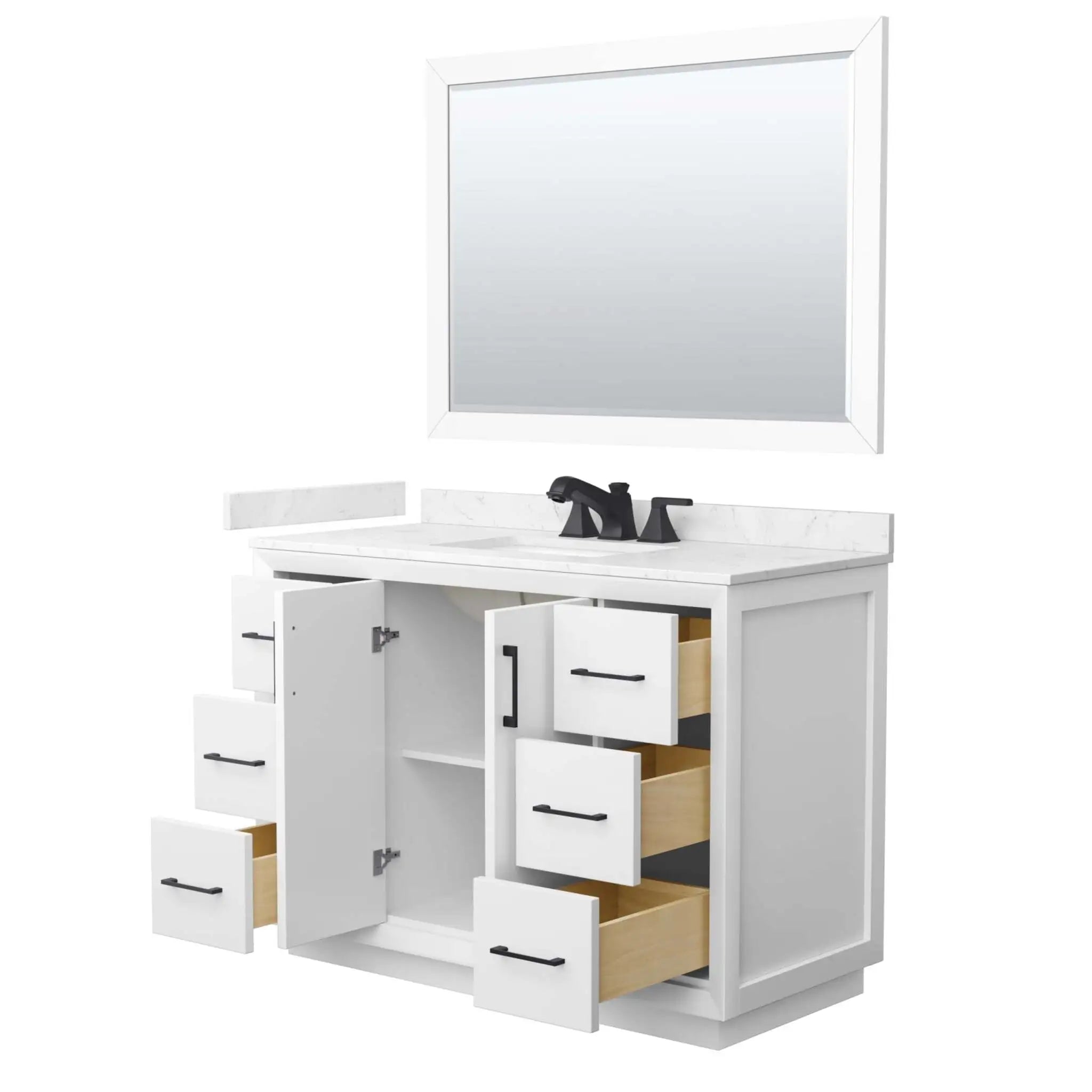 48" Strada Single Bathroom Vanity in White with Matte Black Trim & 46" Mirror by Wyndham