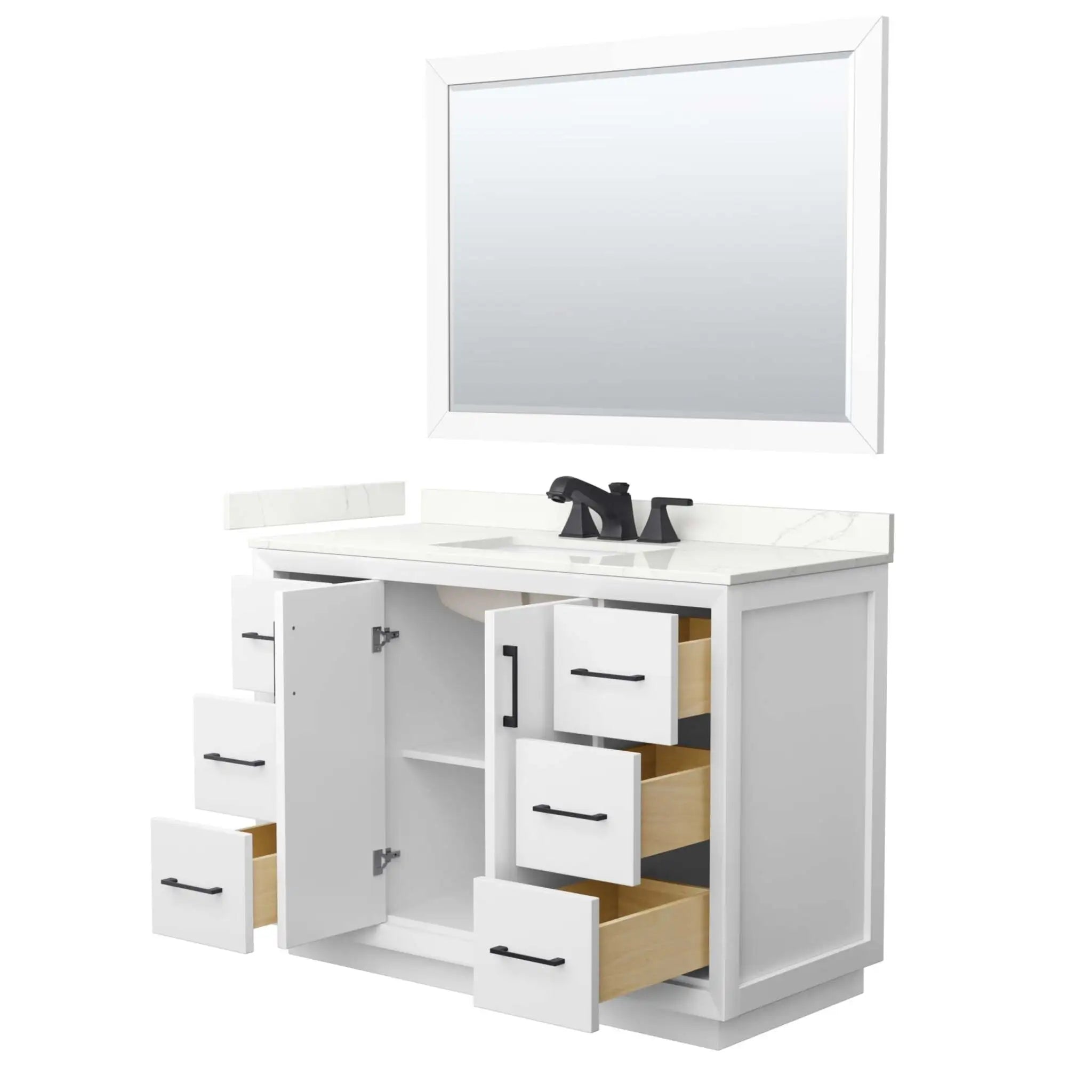 48" Strada Single Bathroom Vanity in White with Matte Black Trim & 46" Mirror by Wyndham