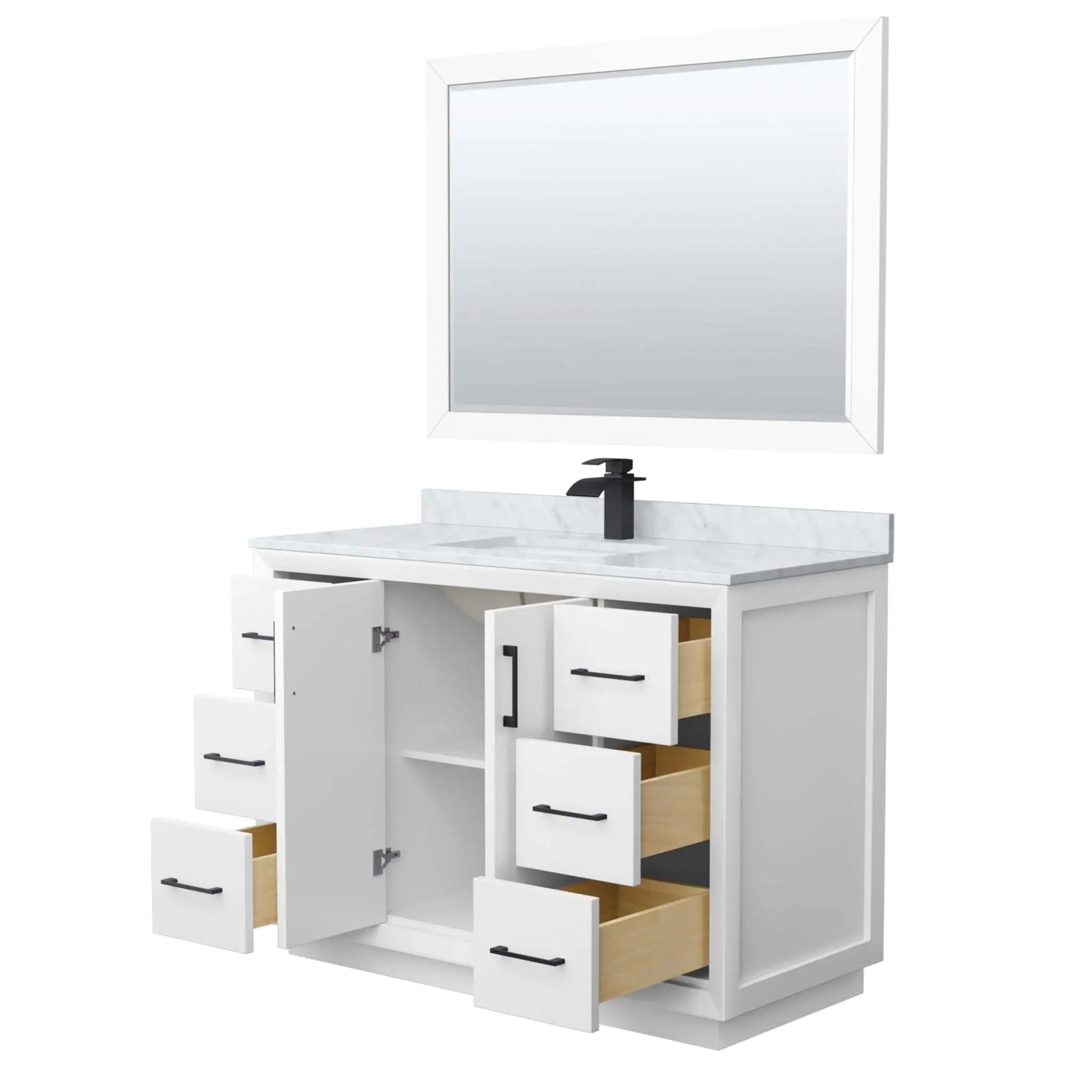 48" Strada Single Bathroom Vanity in White with Matte Black Trim & 46" Mirror by Wyndham