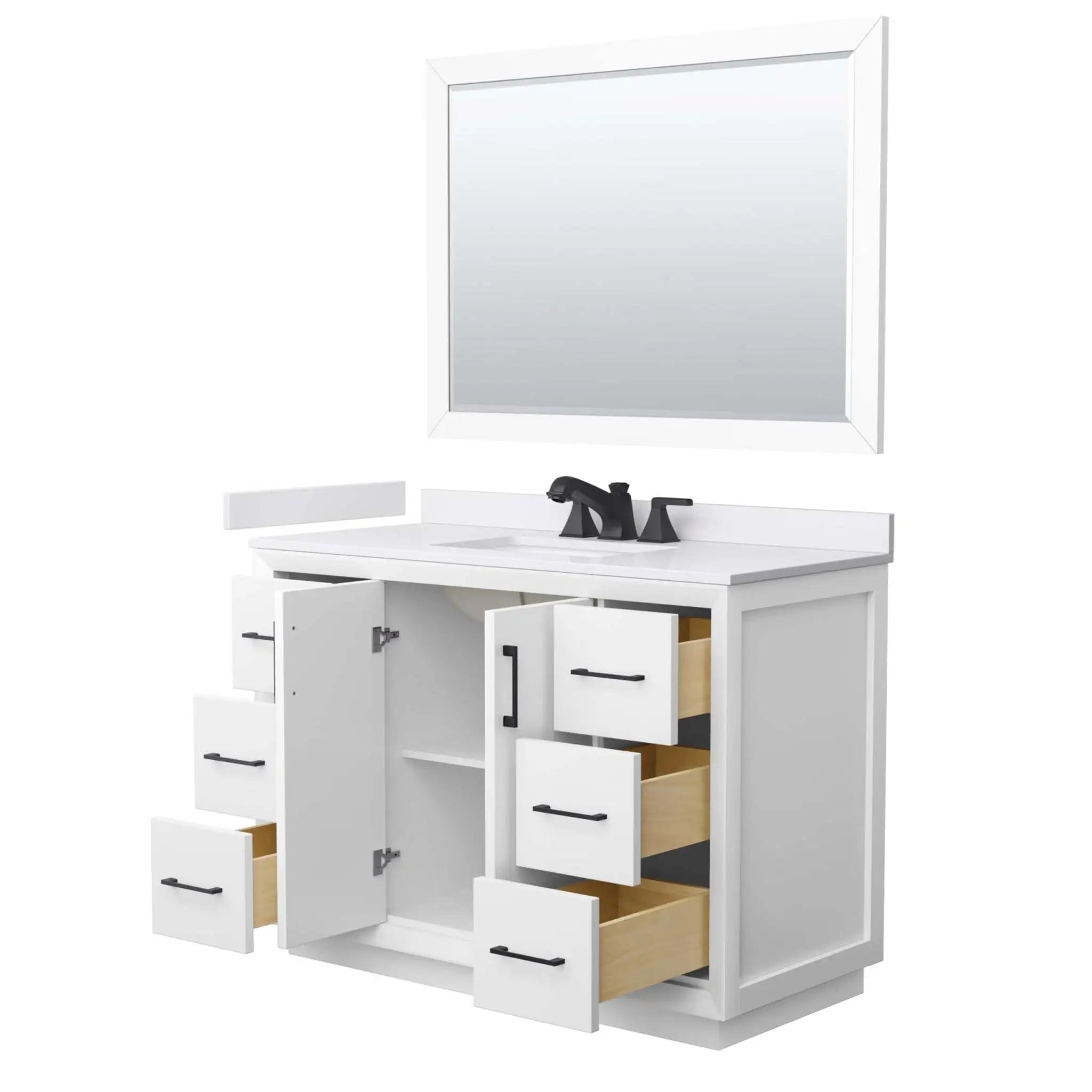 48" Strada Single Bathroom Vanity in White with Matte Black Trim & 46" Mirror by Wyndham