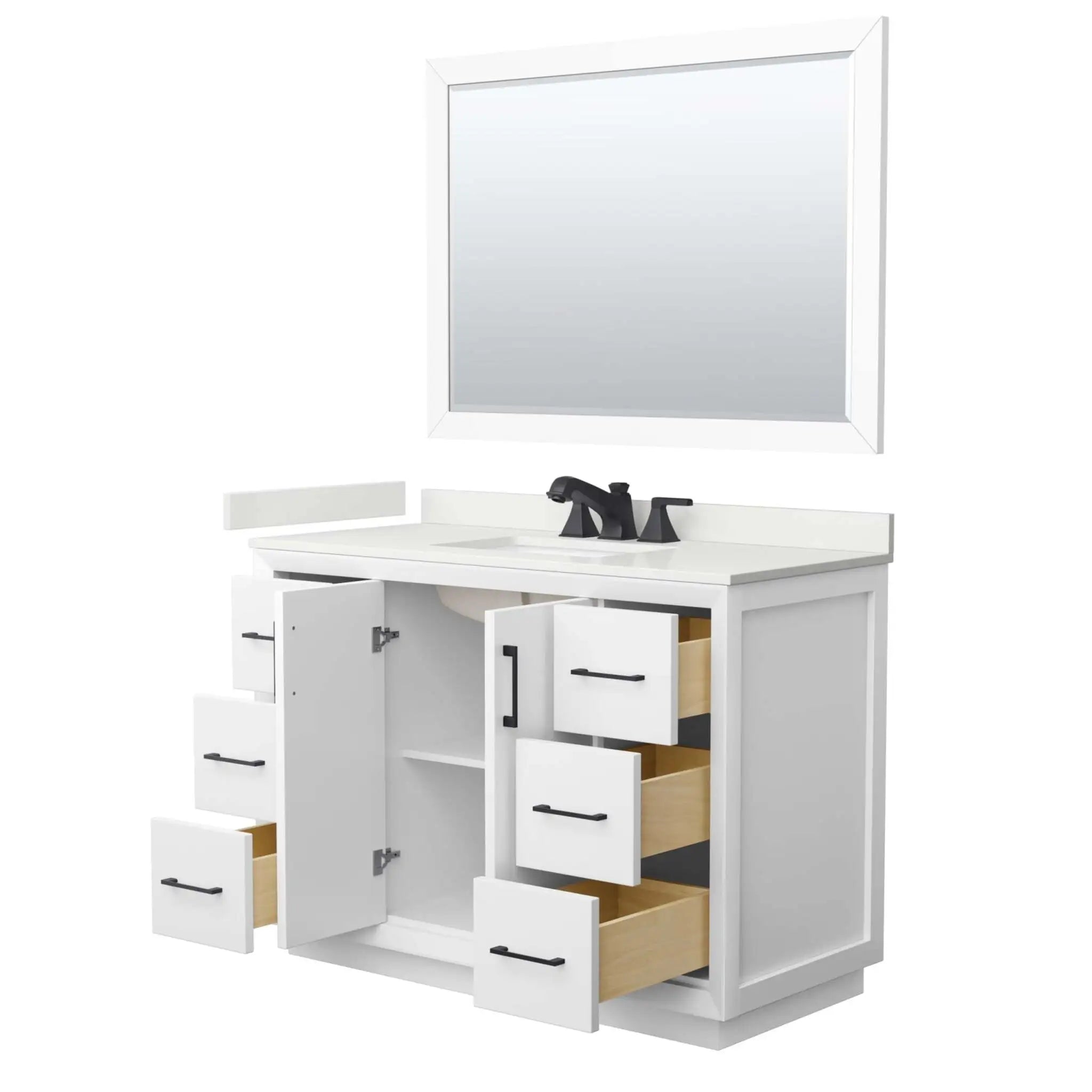 48" Strada Single Bathroom Vanity in White with Matte Black Trim & 46" Mirror by Wyndham