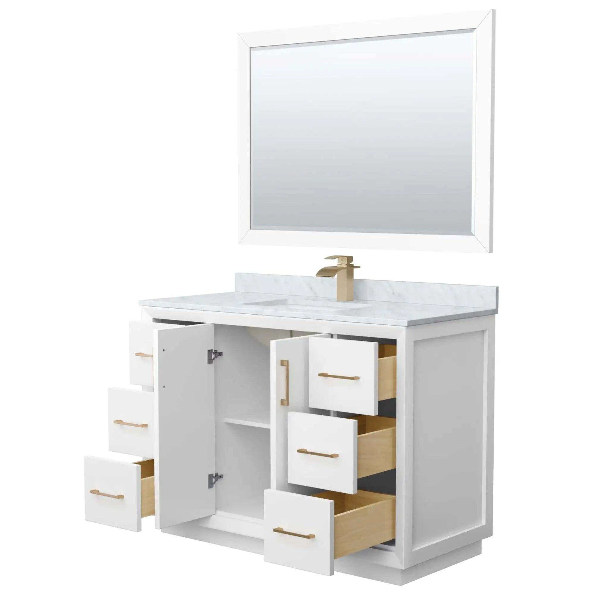 48" Strada Single Bathroom Vanity in White with Satin Bronze Trim & 46" Mirror by Wyndham