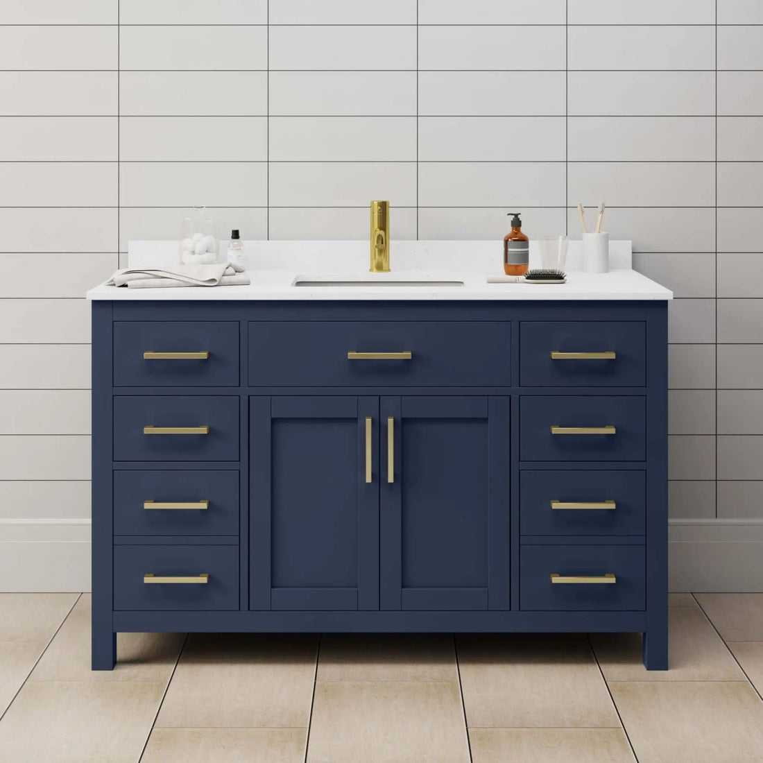 54" Beckett Single Bathroom Vanity in Dark Blue with Brushed Gold Trim by Wyndham
