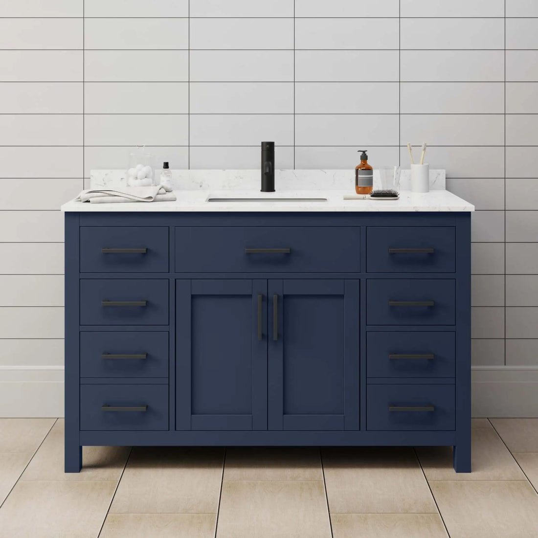 54" Beckett Single Bathroom Vanity in Dark Blue with Matte Black Trim by Wyndham